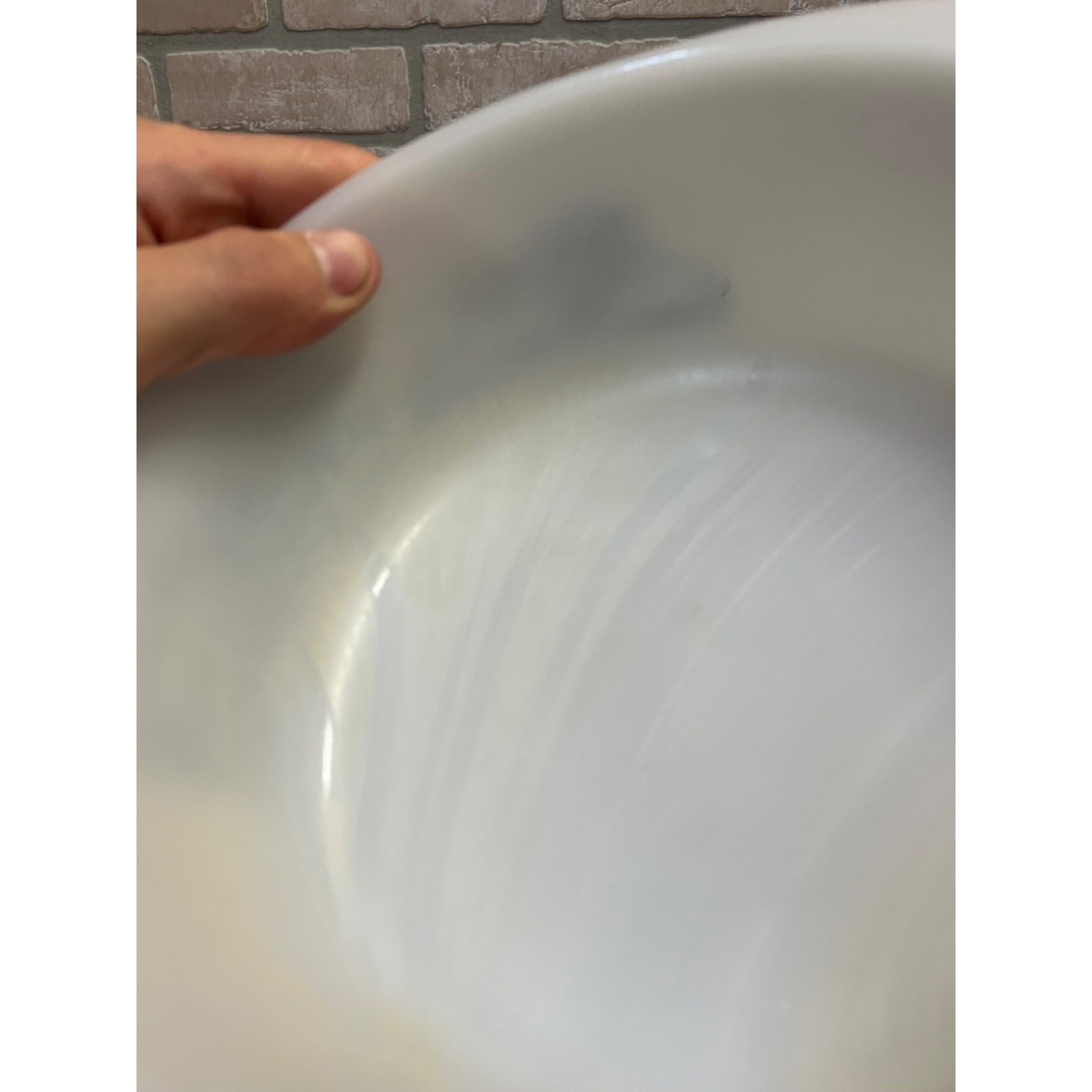 Vintage Currier & Ives Round Baking Dish Winter Farm or Cabin Scene Glasbake USA Milk Glass Ovenware Casserole