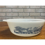 Vintage Currier & Ives Round Baking Dish Winter Farm or Cabin Scene Glasbake USA Milk Glass Ovenware Casserole