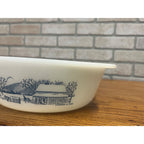 Vintage Currier & Ives Round Baking Dish Winter Farm or Cabin Scene Glasbake USA Milk Glass Ovenware Casserole