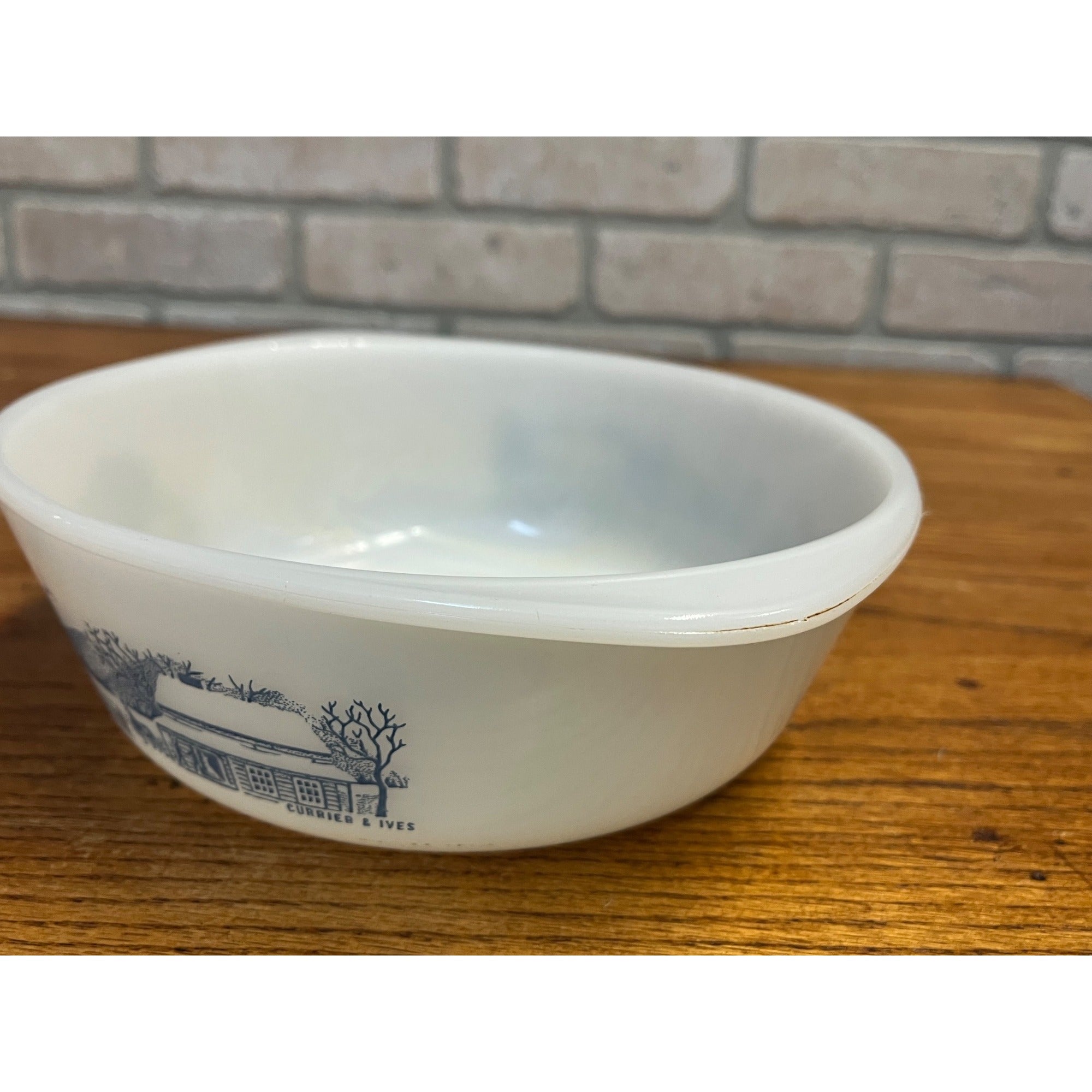Vintage Currier & Ives Round Baking Dish Winter Farm or Cabin Scene Glasbake USA Milk Glass Ovenware Casserole