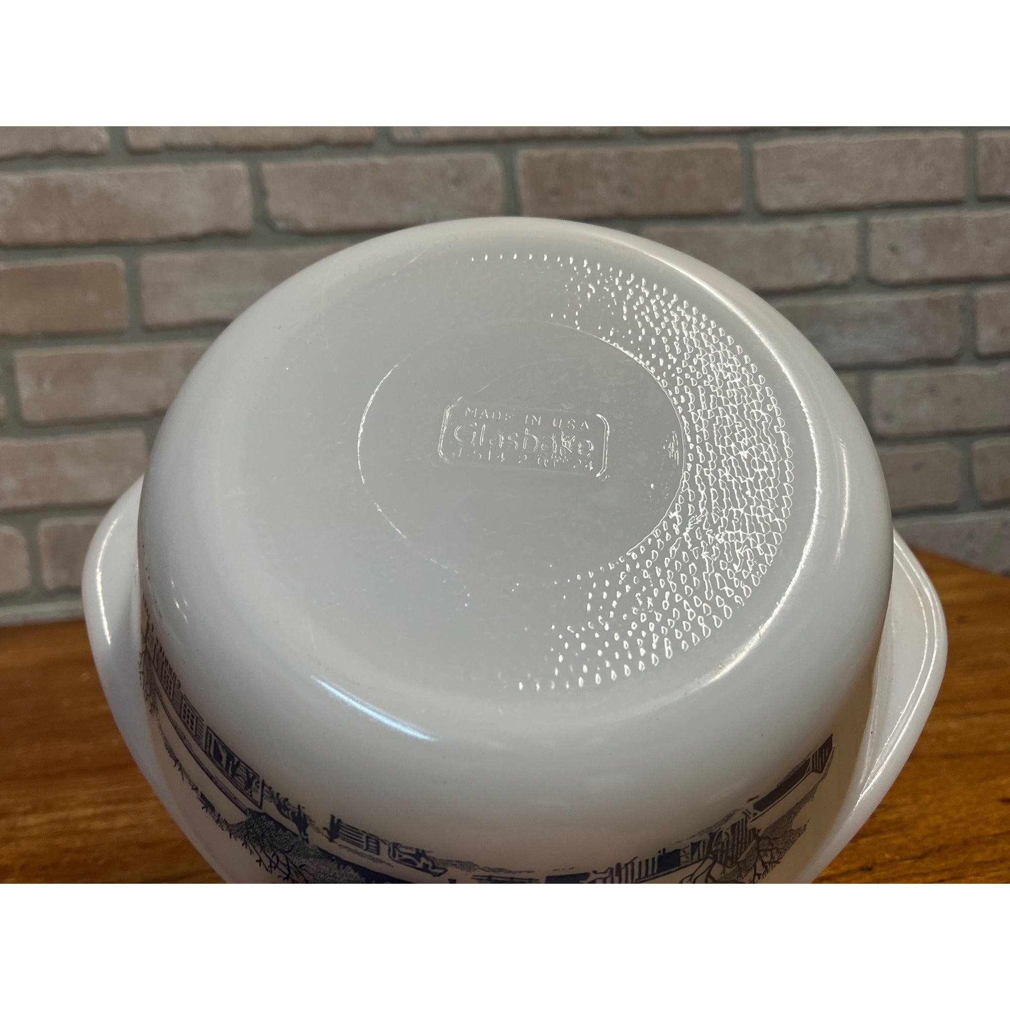 Vintage Currier & Ives Round Baking Dish Winter Farm or Cabin Scene Glasbake USA Milk Glass Ovenware Casserole