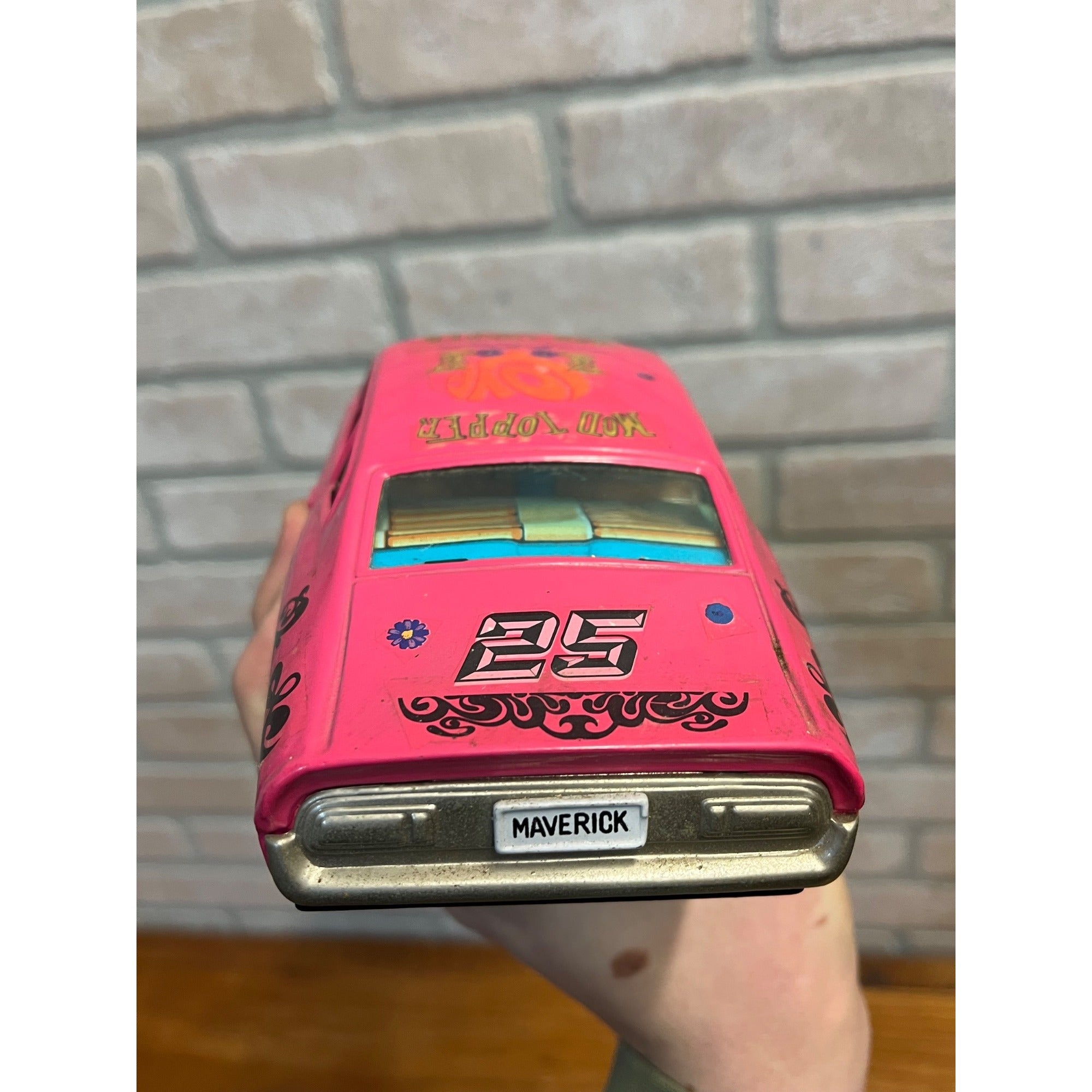 Vintage Bandai Hot Pink Ford Maverick Coupe Battery Operated Tin Toy Car