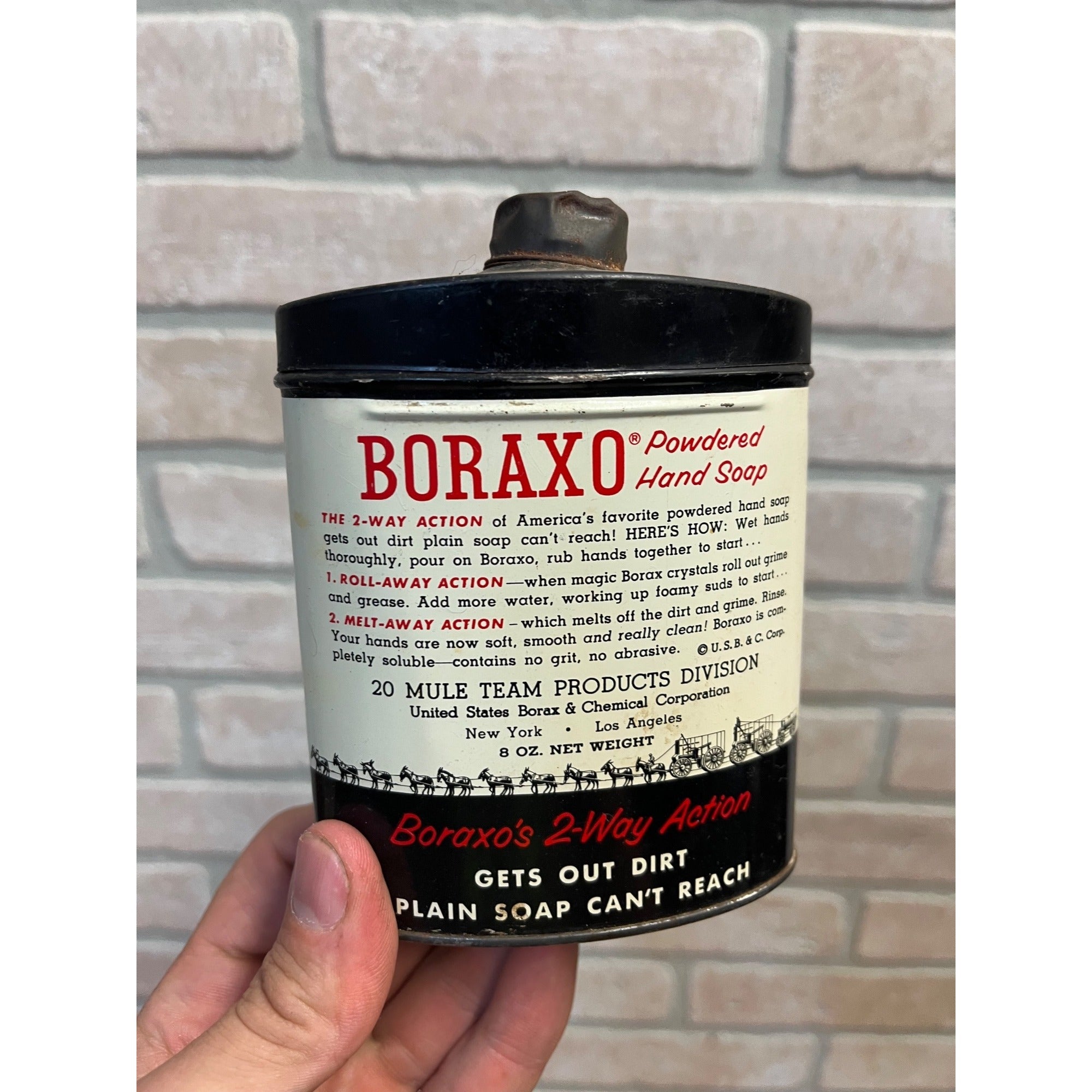 Vintage Boraxo Powered Hand Soap 20 Mule Team Advertising Empty Tin Can