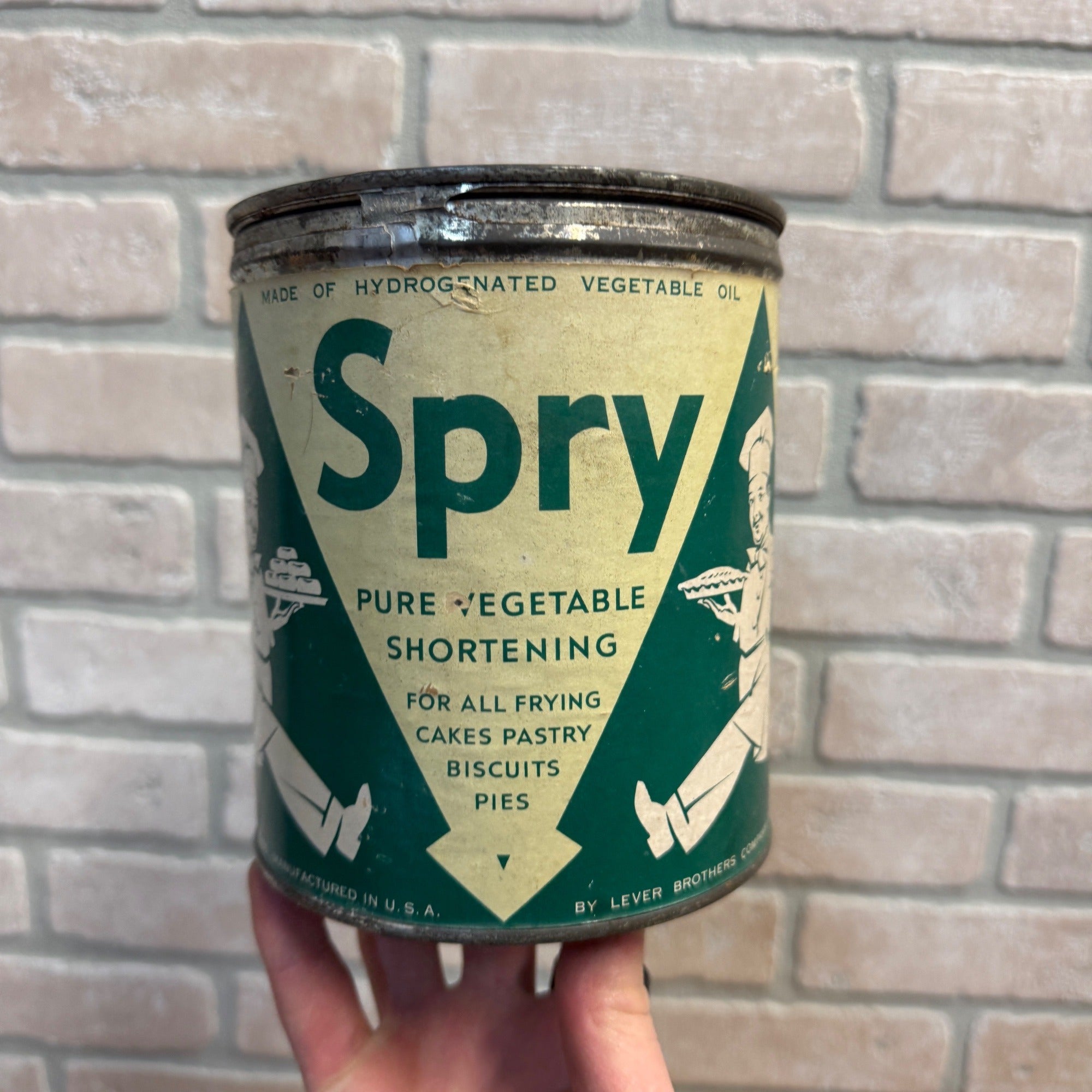 Vintage Empty Spry Pure Vegetable Shortening Lever Brother Co. 3lb Tin