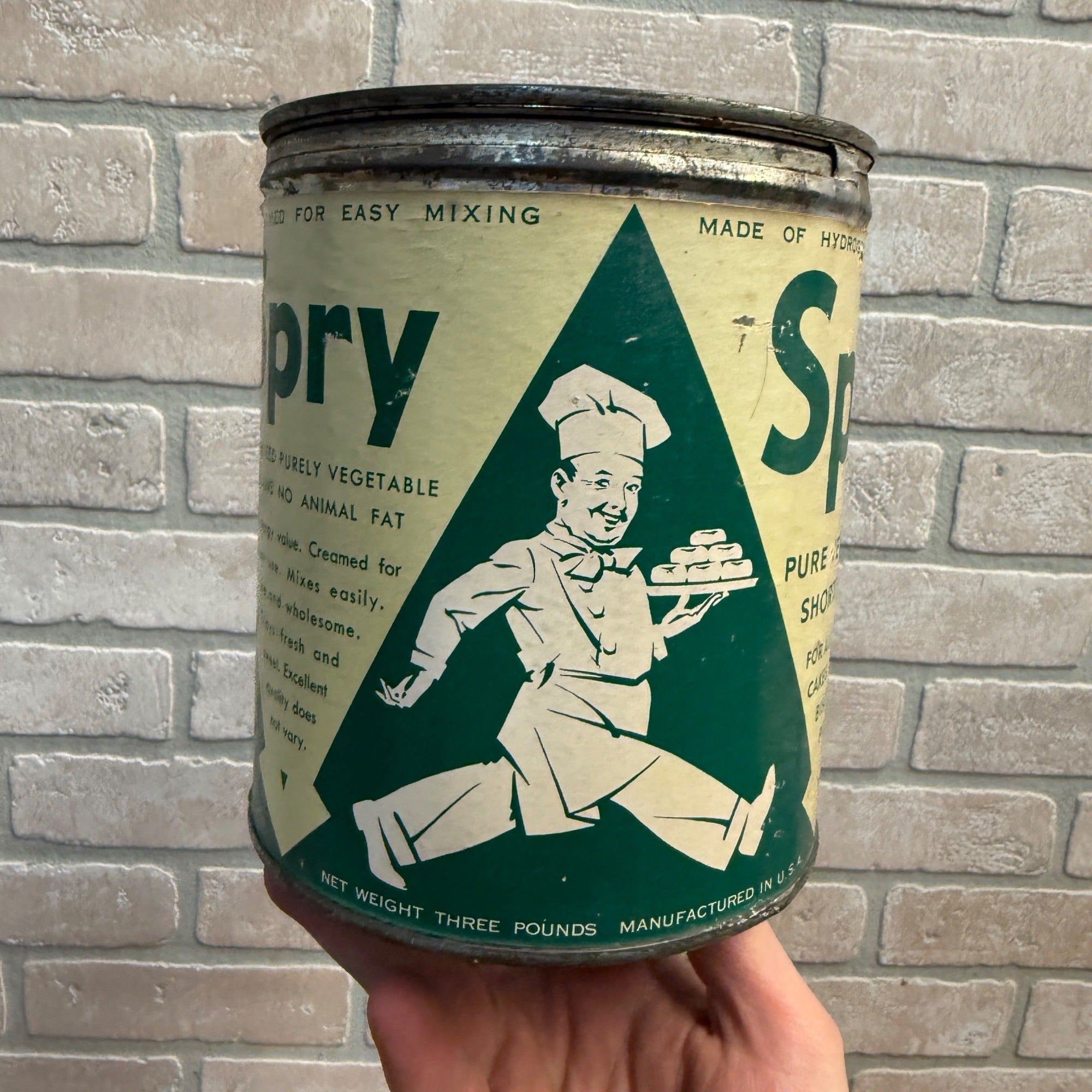 Vintage Empty Spry Pure Vegetable Shortening Lever Brother Co. 3lb Tin
