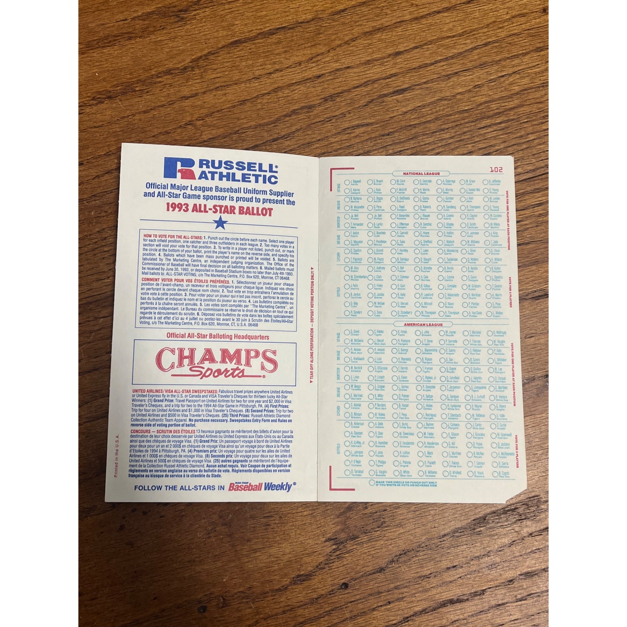 Vintage 1993 Official MLB All-Star Voting Ballot Unused - Baltimore Orioles