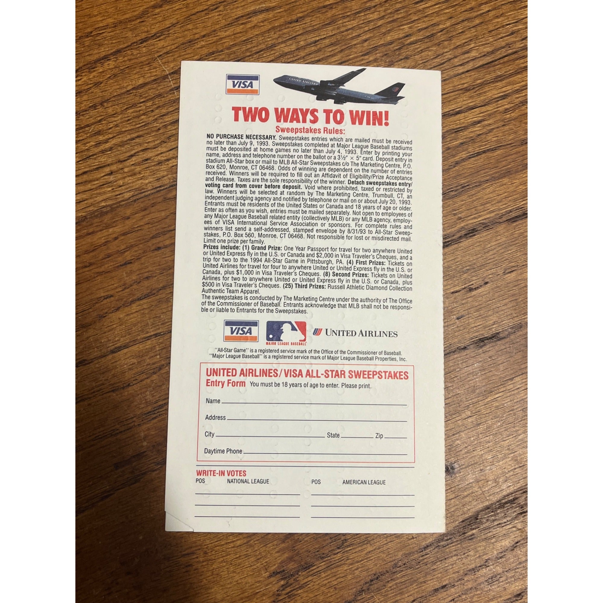 Vintage 1993 Official MLB All-Star Voting Ballot Unused - Baltimore Orioles