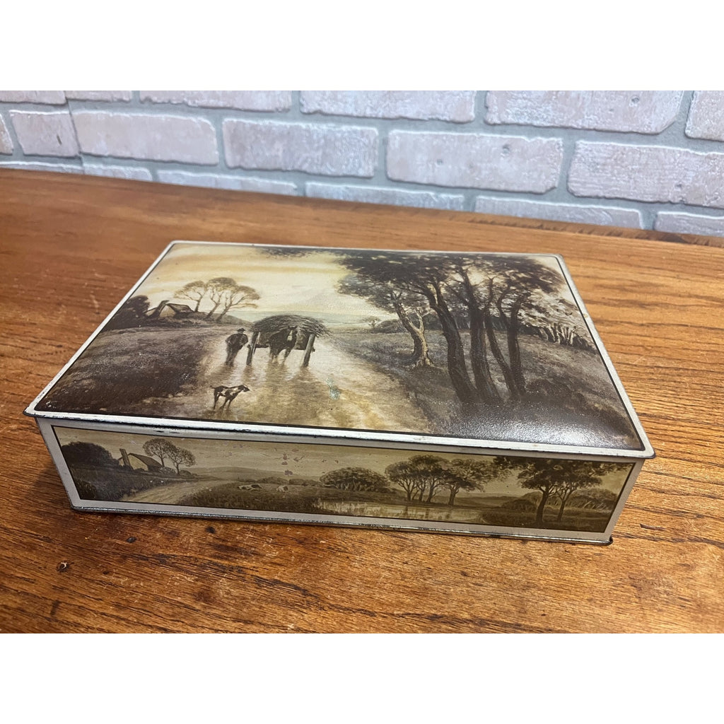 Vintage 1920s Uneeda Biscuit Metal Tin Box Featuring Pastoral Scenes Hinged