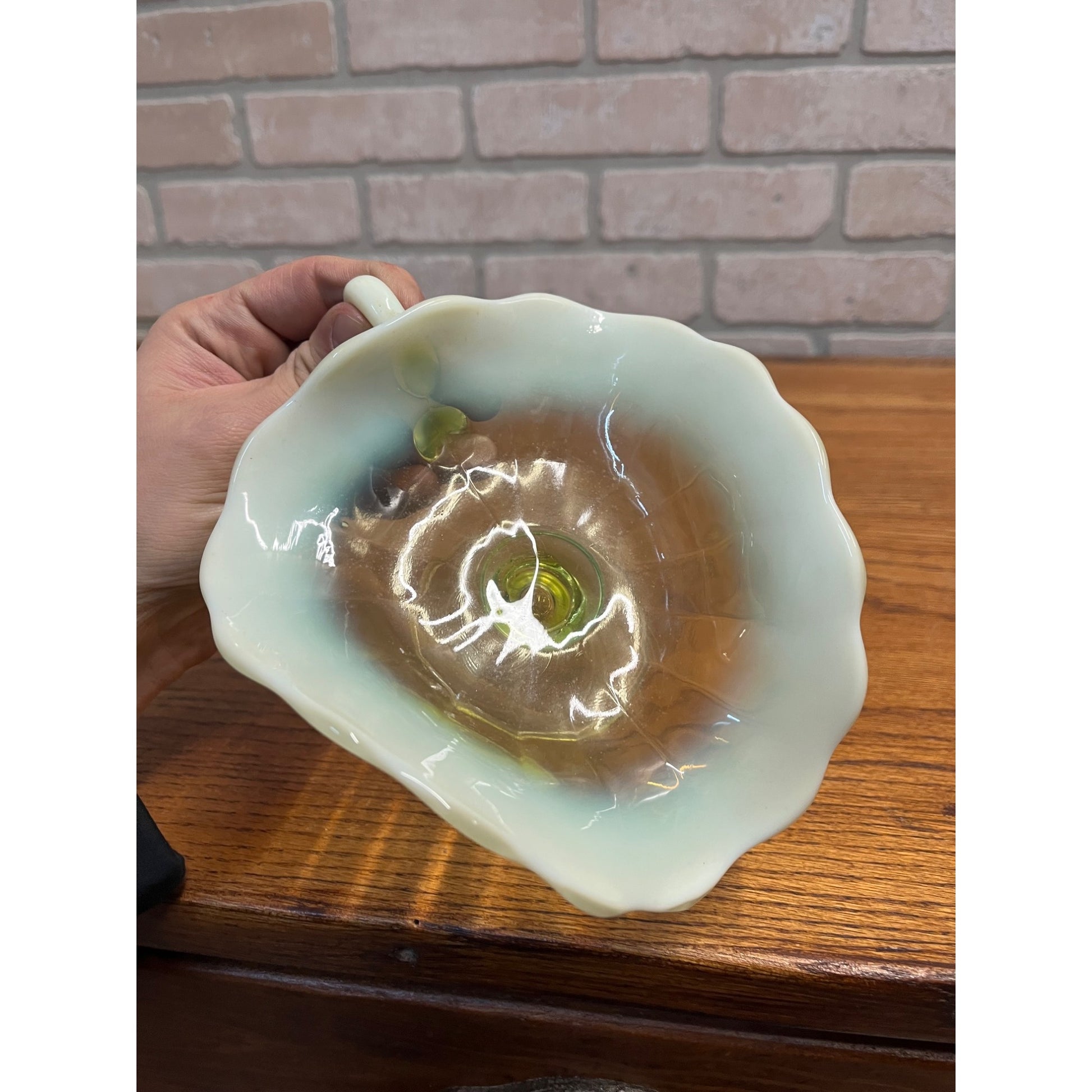 Vintage Northwood Yellow Vaseline Footed Compote Candy Dish Uranium Handled