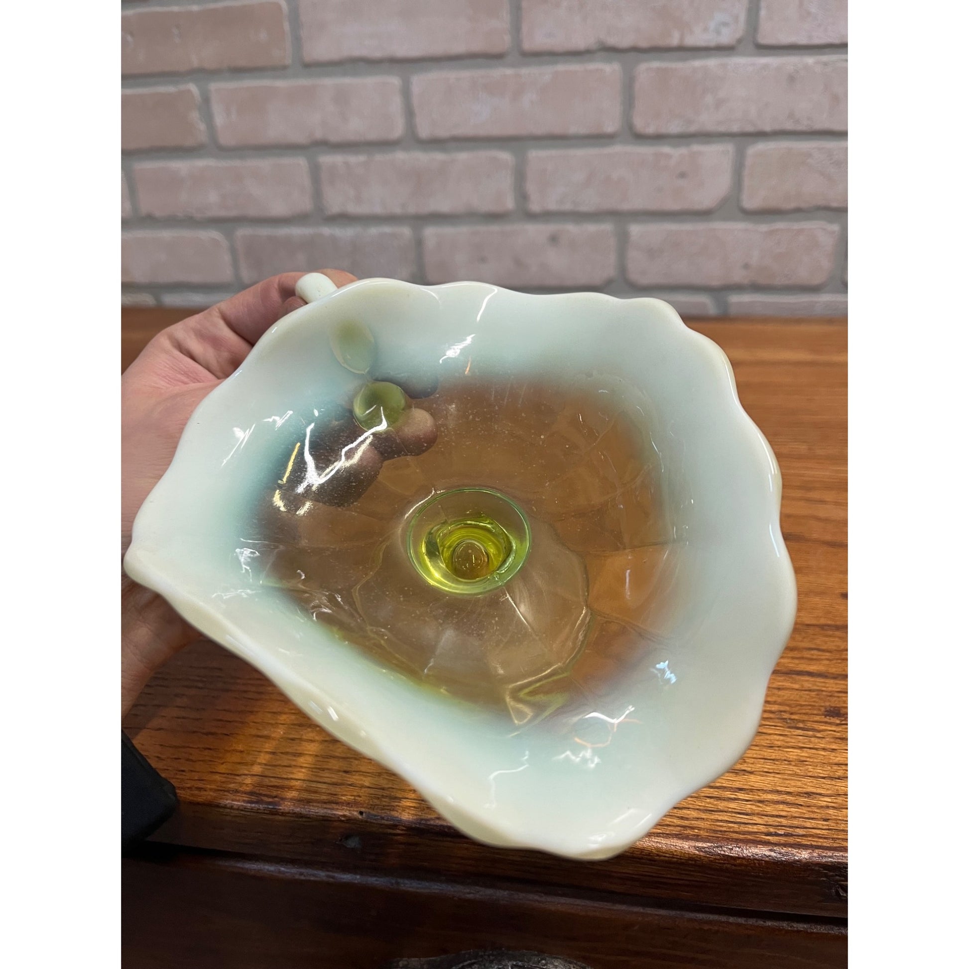 Vintage Northwood Yellow Vaseline Footed Compote Candy Dish Uranium Handled