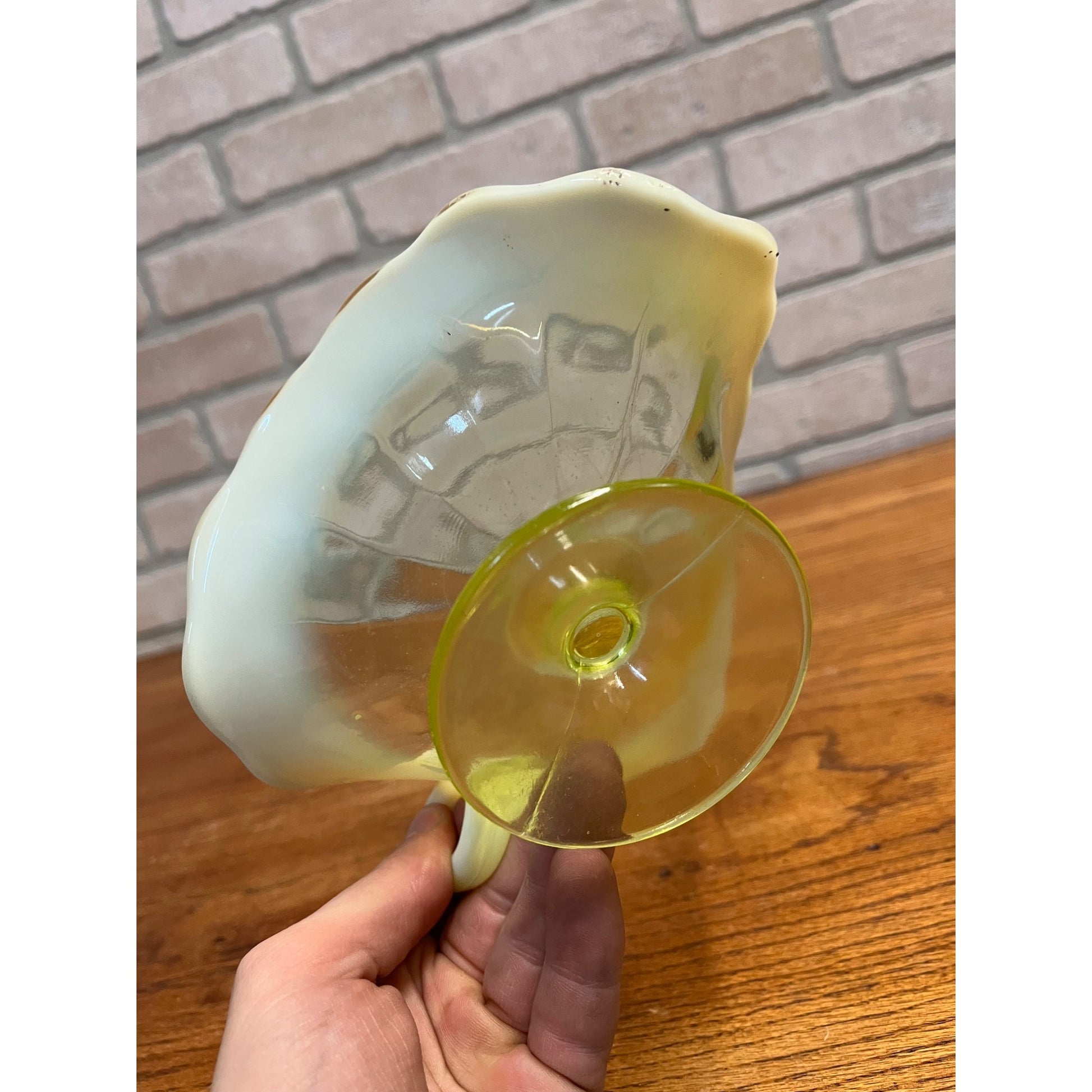 Vintage Northwood Yellow Vaseline Footed Compote Candy Dish Uranium Handled