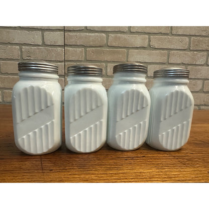 Vintage Set (4) Anchor Hocking Ribbed Panel Spice Shaker Jars Milk Glass Vitrock 5" Range