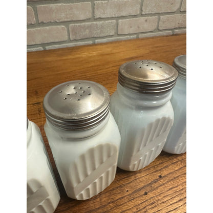 Vintage Set (4) Anchor Hocking Ribbed Panel Spice Shaker Jars Milk Glass Vitrock 5" Range