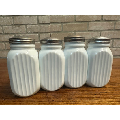 Vintage Set (4) Anchor Hocking Ribbed Panel Spice Shaker Jars Milk Glass Vitrock 5" Range