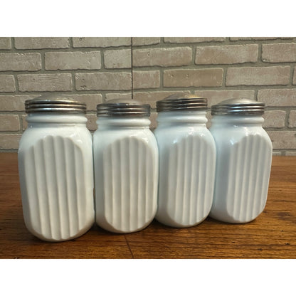 Vintage Set (4) Anchor Hocking Ribbed Panel Spice Shaker Jars Milk Glass Vitrock 5" Range