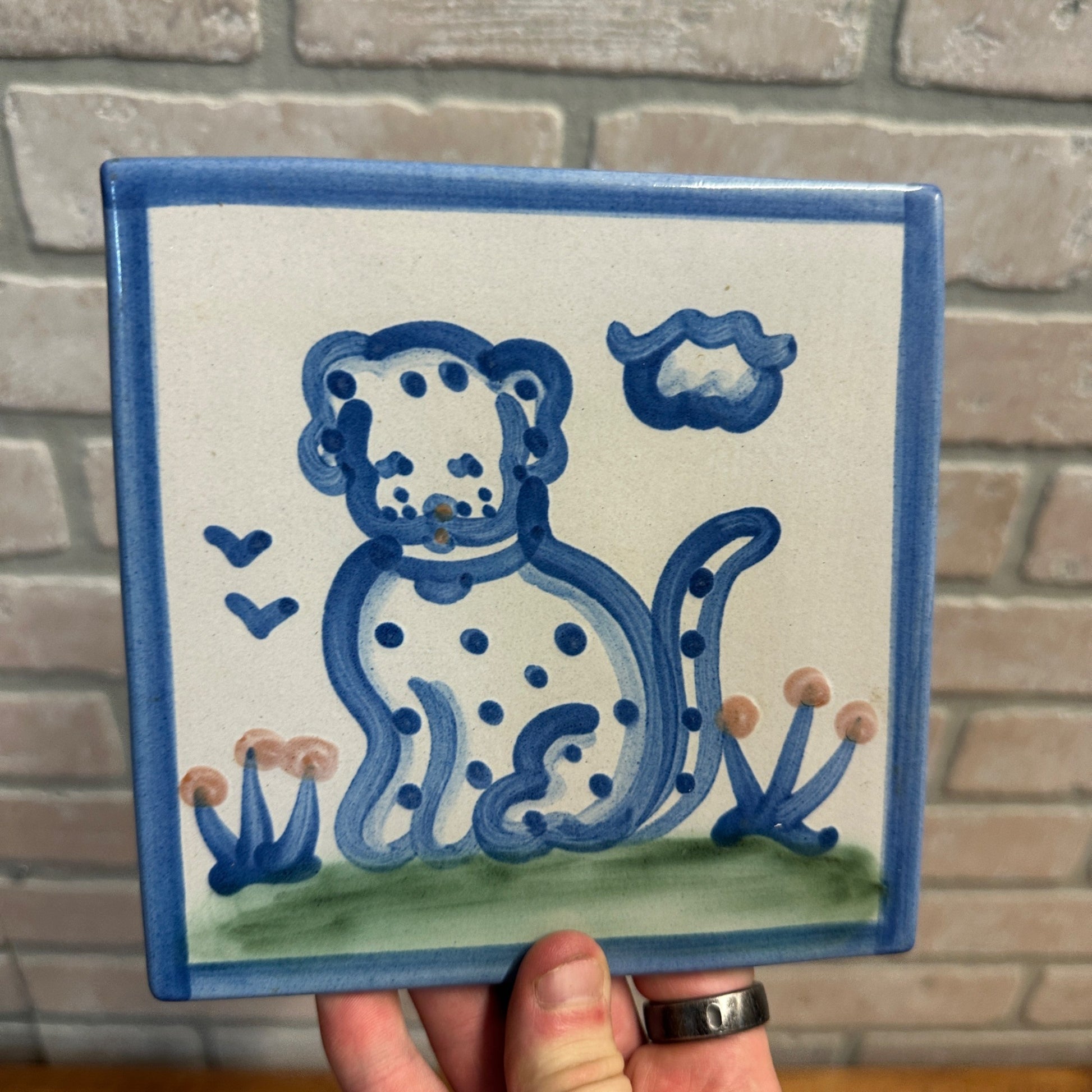 Mary M.A. Hadley Pottery Dog/Puppy Square Trivet Tile Country Scene