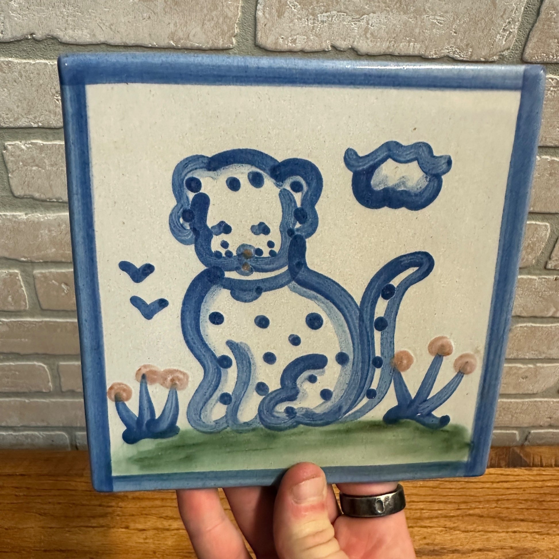 Mary M.A. Hadley Pottery Dog/Puppy Square Trivet Tile Country Scene