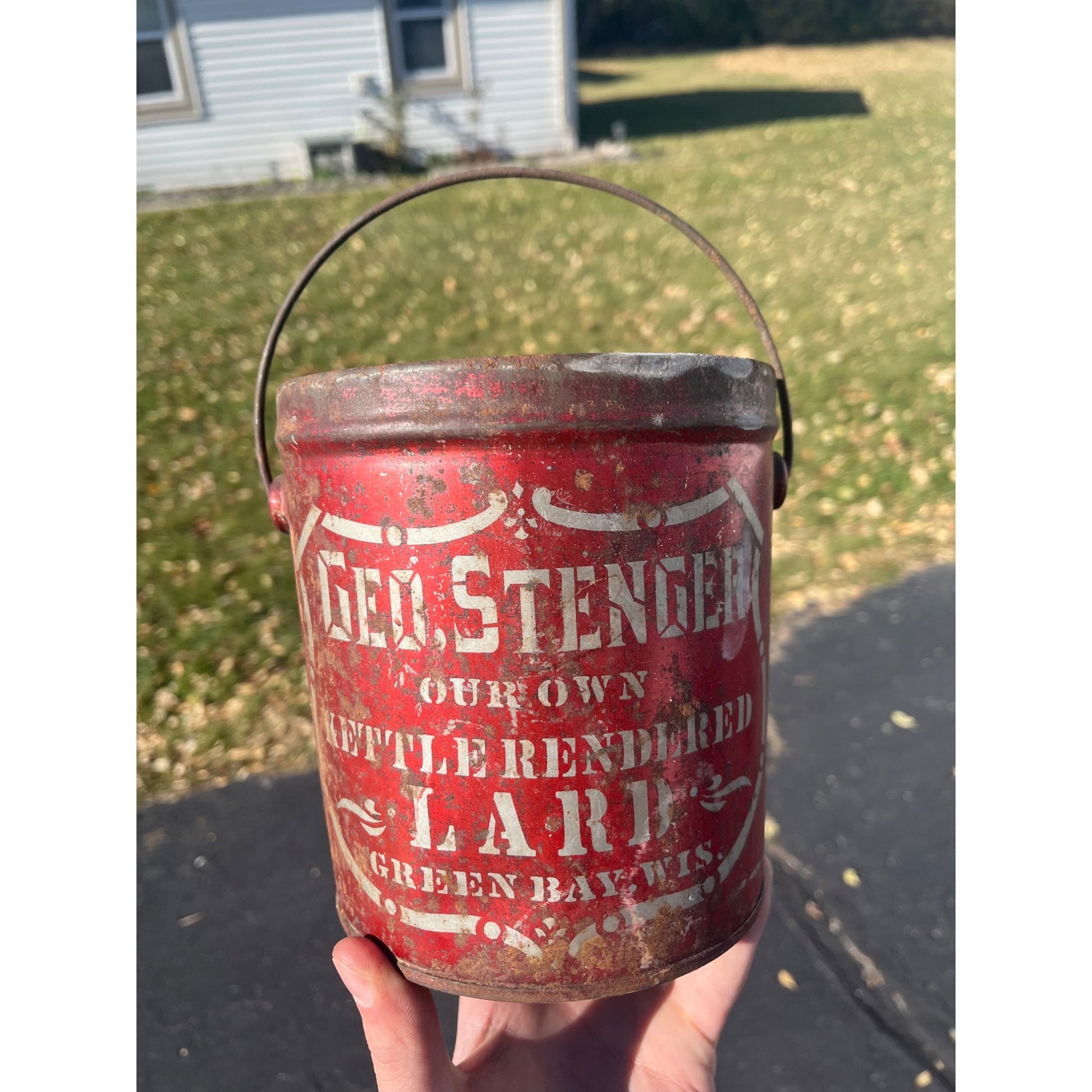 Vintage 1920s Geo. Stenger Green Bay Wisconsin Tin Advertising Lard Pail Wis WI