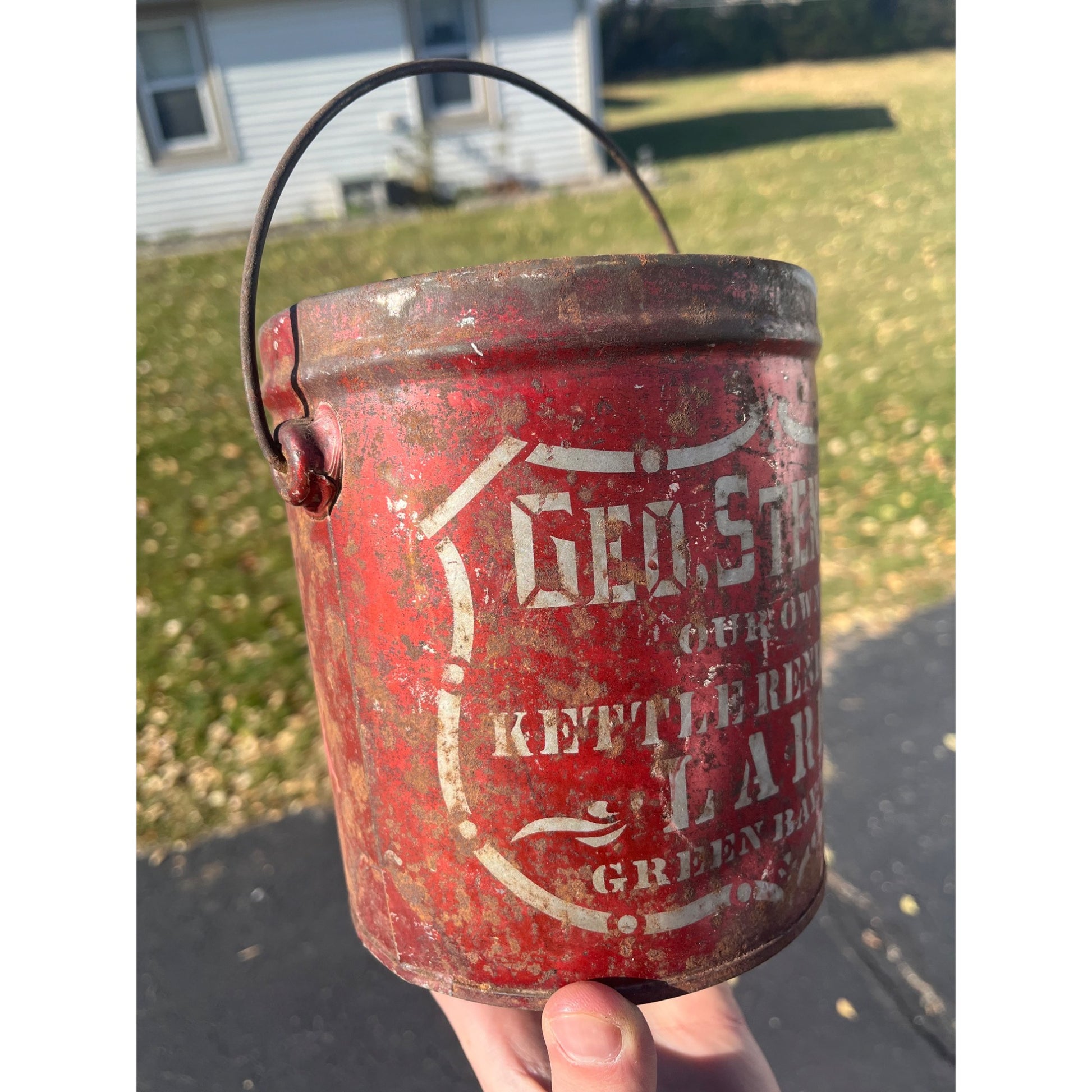 Vintage 1920s Geo. Stenger Green Bay Wisconsin Tin Advertising Lard Pail Wis WI