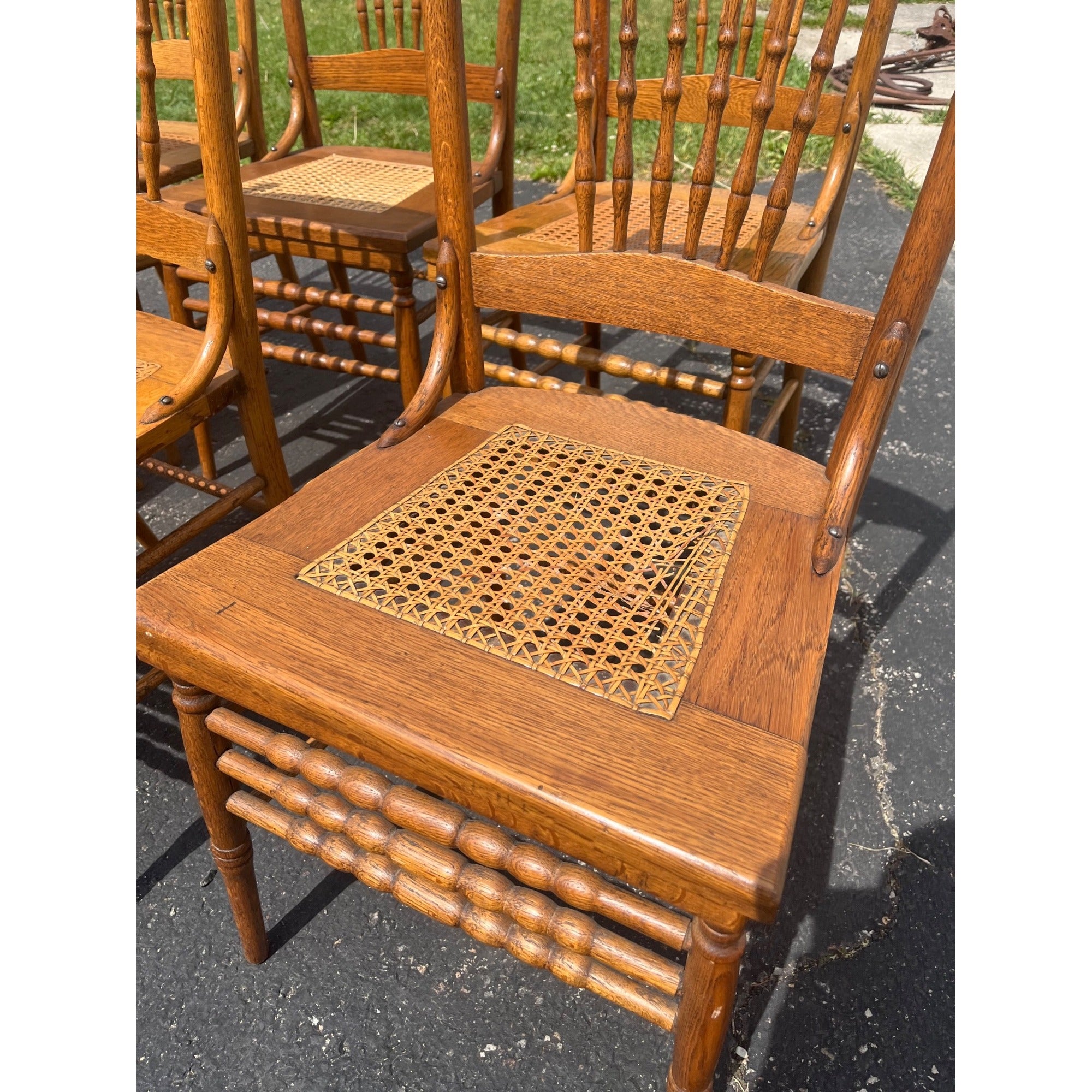 Vintage Antique Oak Cane Woven Chairs Farmhouse Kitchen