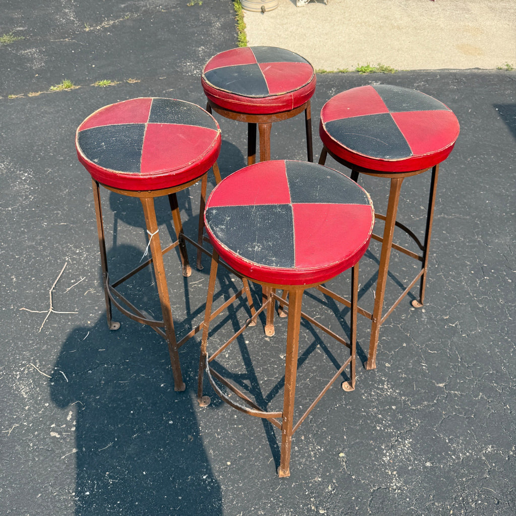 Vintage Set of 4 Checkered Red Black Leather Bar Tavern Stools Metal