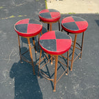 Vintage Set of 4 Checkered Red Black Leather Bar Tavern Stools Metal