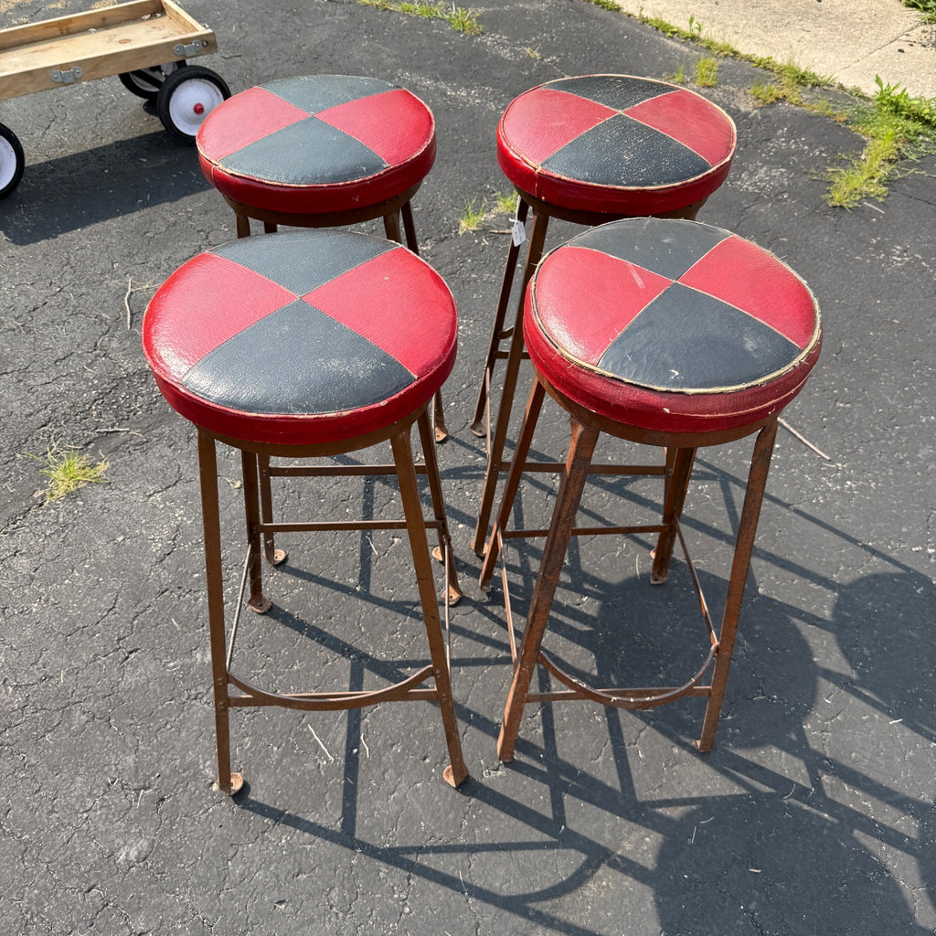 Vintage Set of 4 Checkered Red Black Leather Bar Tavern Stools Metal
