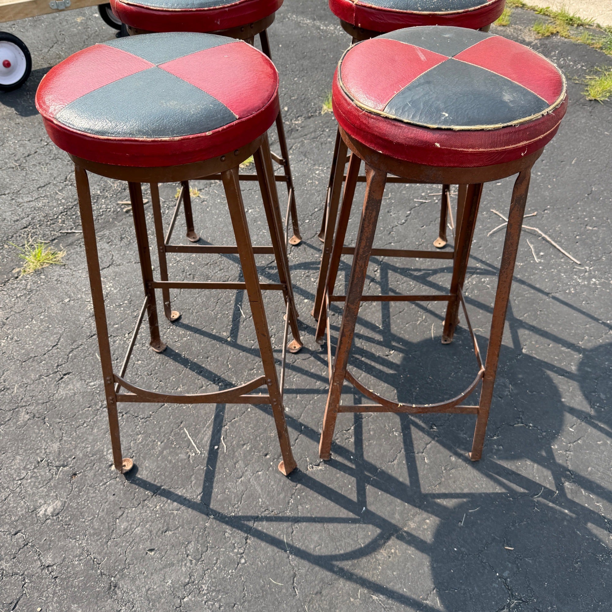 Vintage Set of 4 Checkered Red Black Leather Bar Tavern Stools Metal