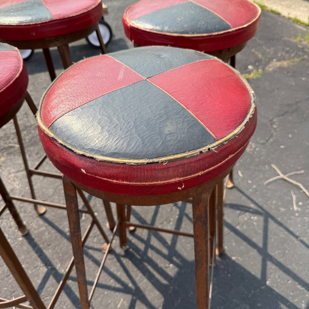 Vintage Set of 4 Checkered Red Black Leather Bar Tavern Stools Metal
