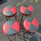 Vintage Set of 4 Checkered Red Black Leather Bar Tavern Stools Metal