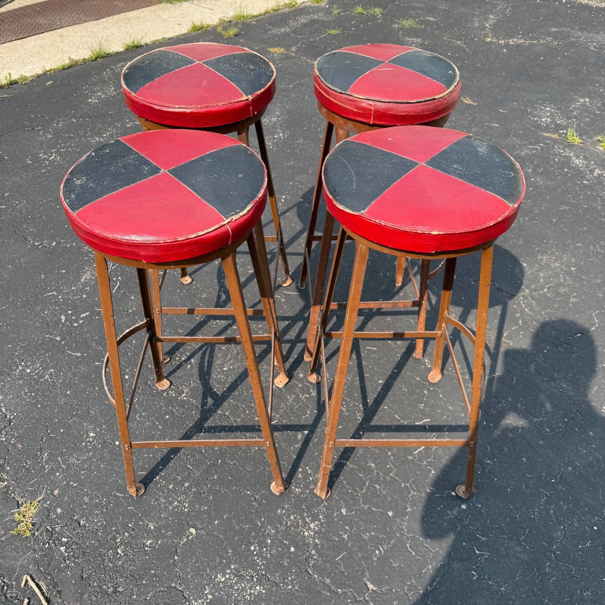Vintage Set of 4 Checkered Red Black Leather Bar Tavern Stools Metal