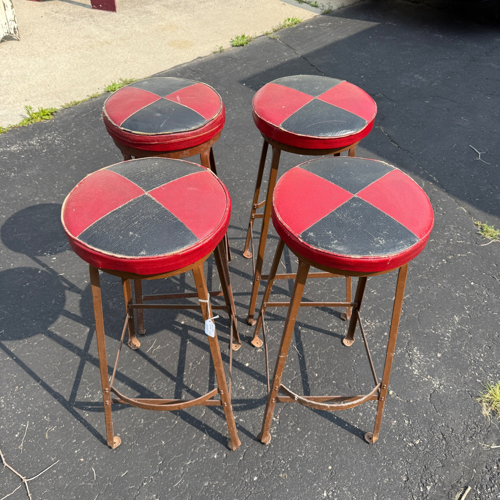 Vintage Set of 4 Checkered Red Black Leather Bar Tavern Stools Metal