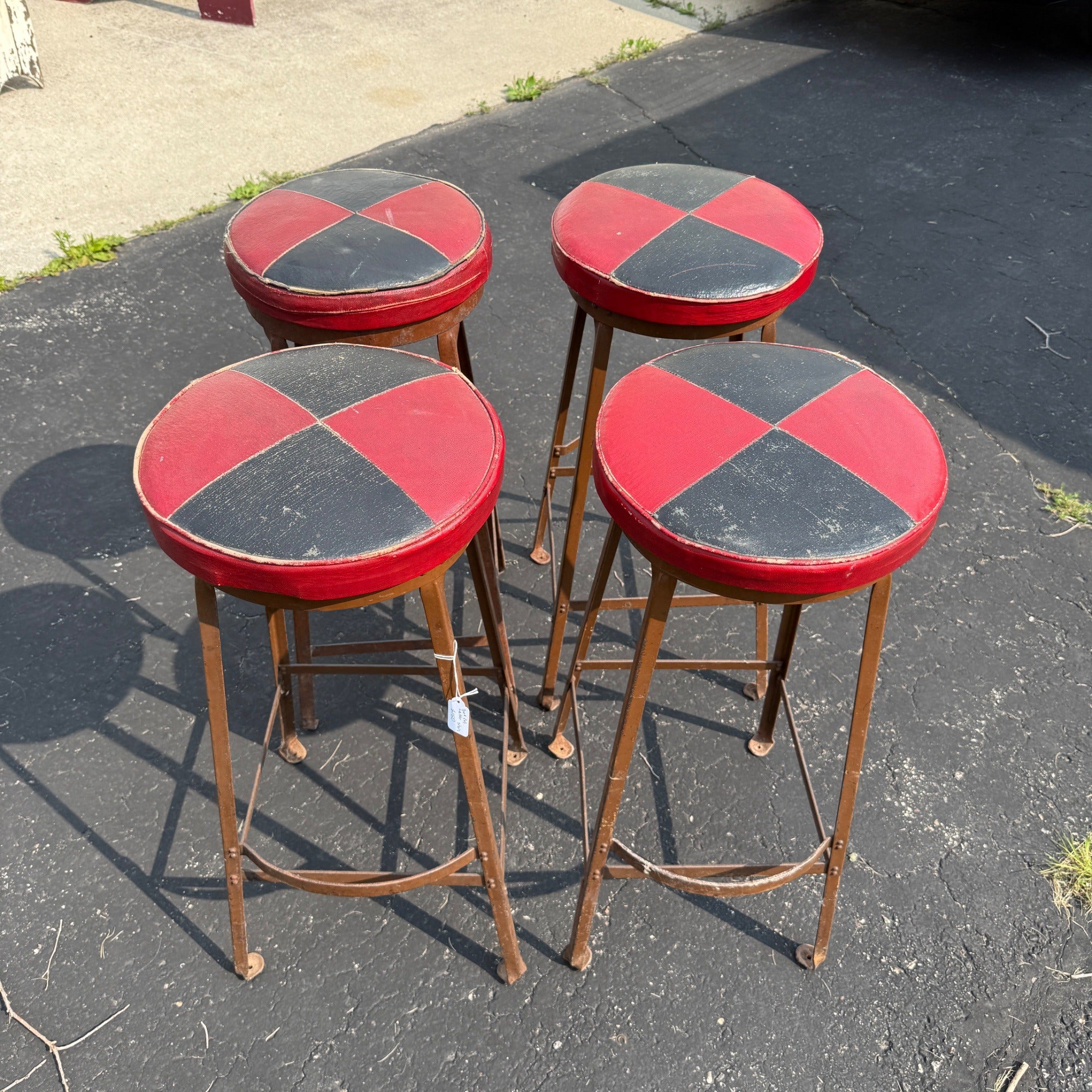 Vintage Set of 4 Checkered Red Black Leather Bar Tavern Stools Metal