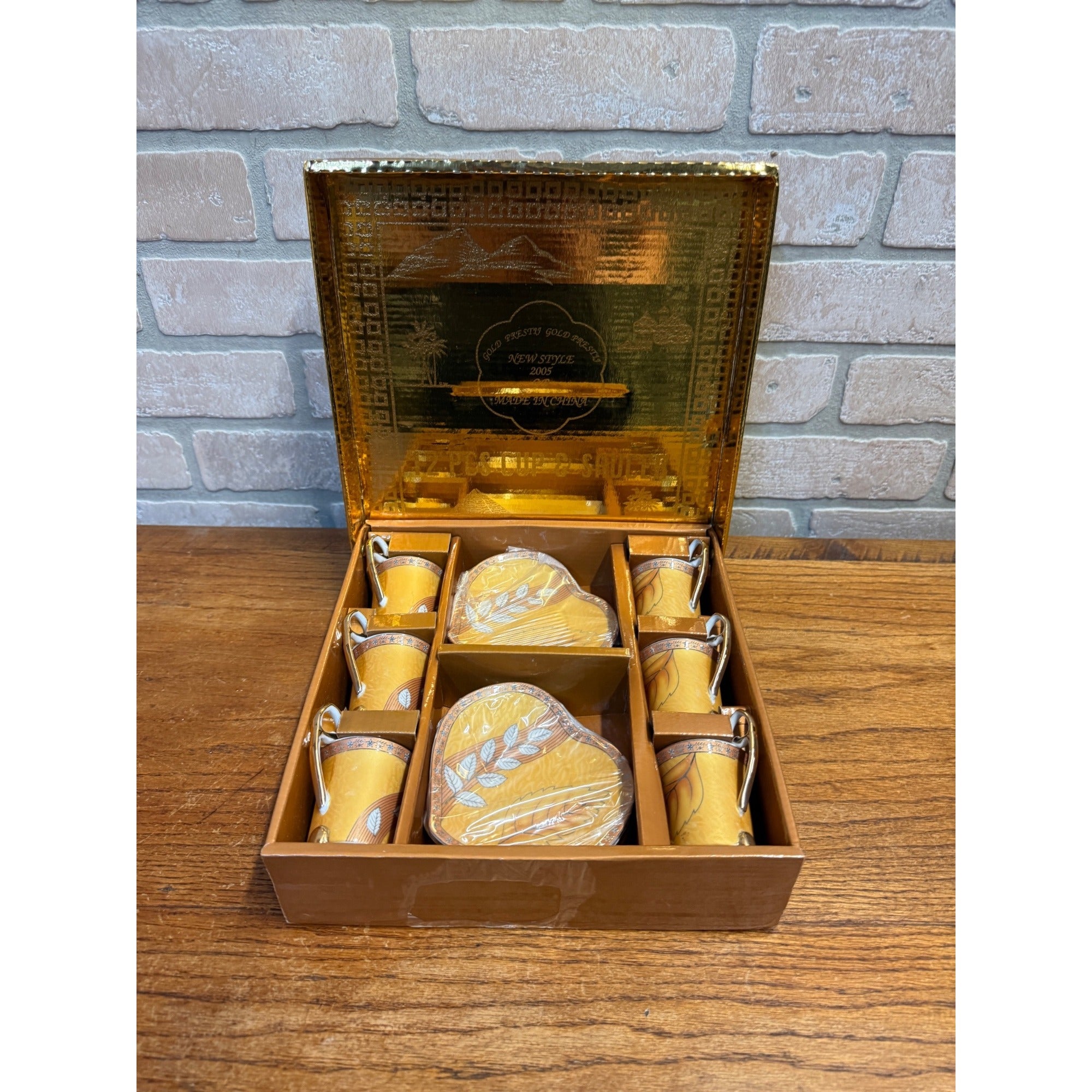 Vintage Ceramic Gold "Prestij" 12 Piece Footed Cup and Heart-Shaped Saucers Set Floral Leaf Decoration 2005