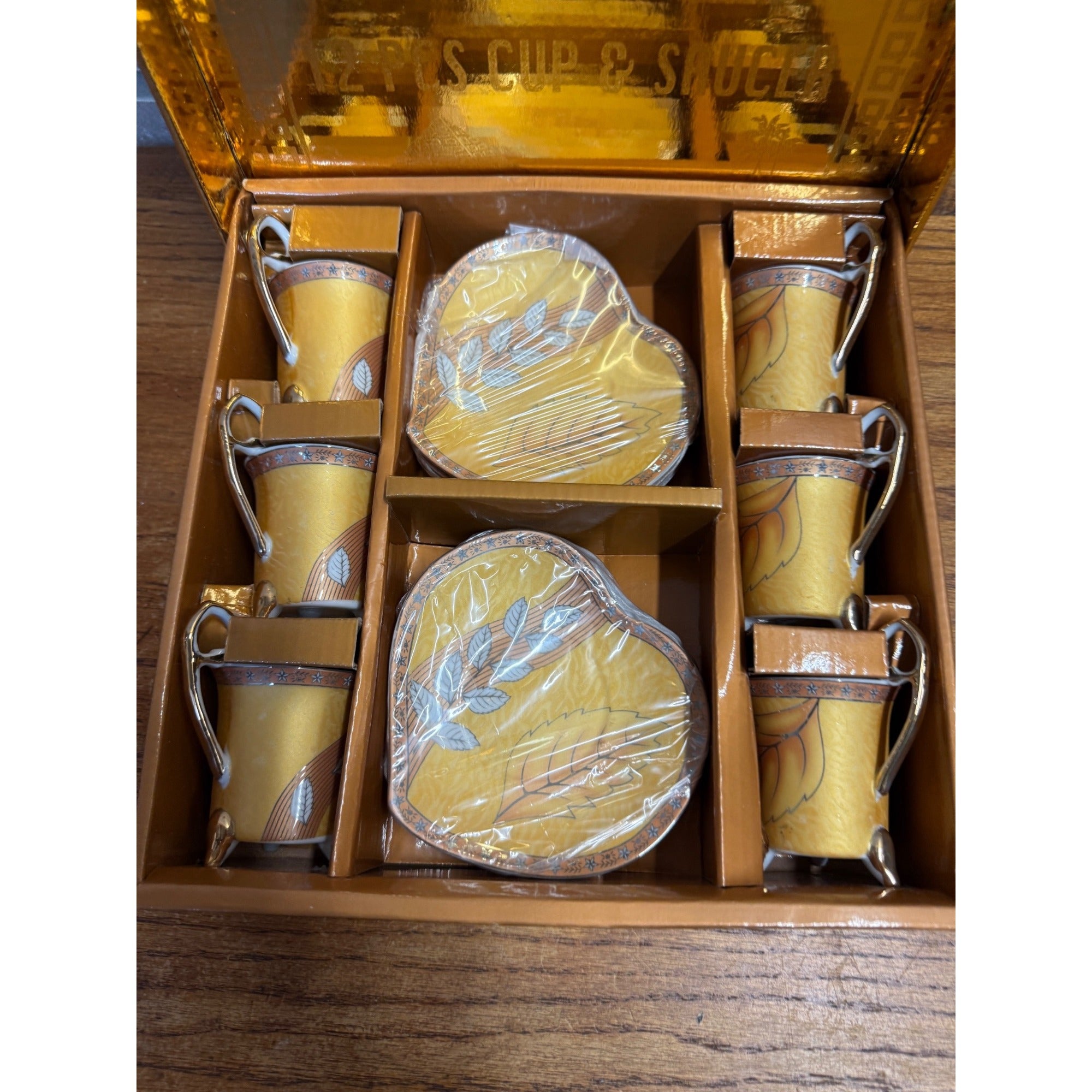 Vintage Ceramic Gold "Prestij" 12 Piece Footed Cup and Heart-Shaped Saucers Set Floral Leaf Decoration 2005