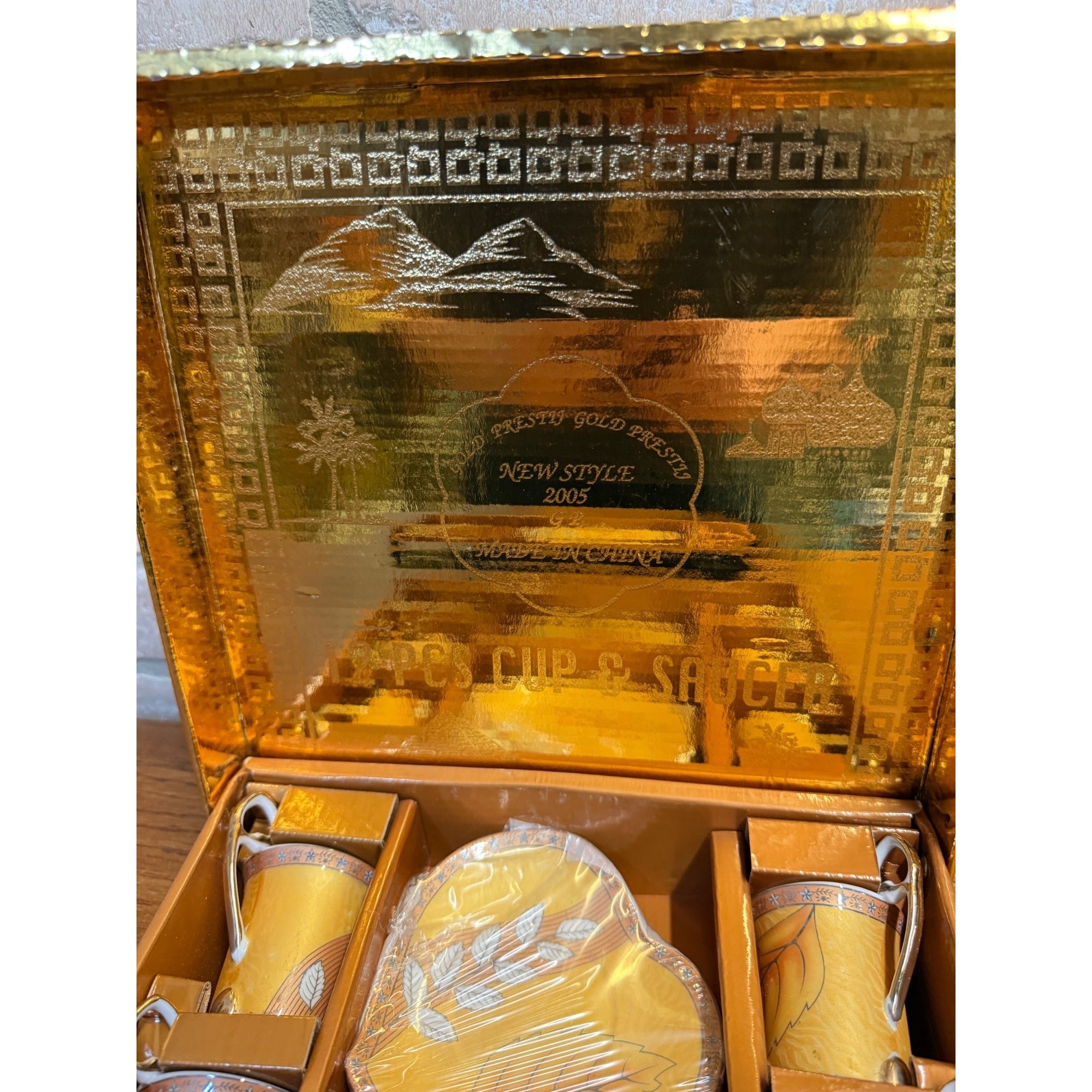 Vintage Ceramic Gold "Prestij" 12 Piece Footed Cup and Heart-Shaped Saucers Set Floral Leaf Decoration 2005