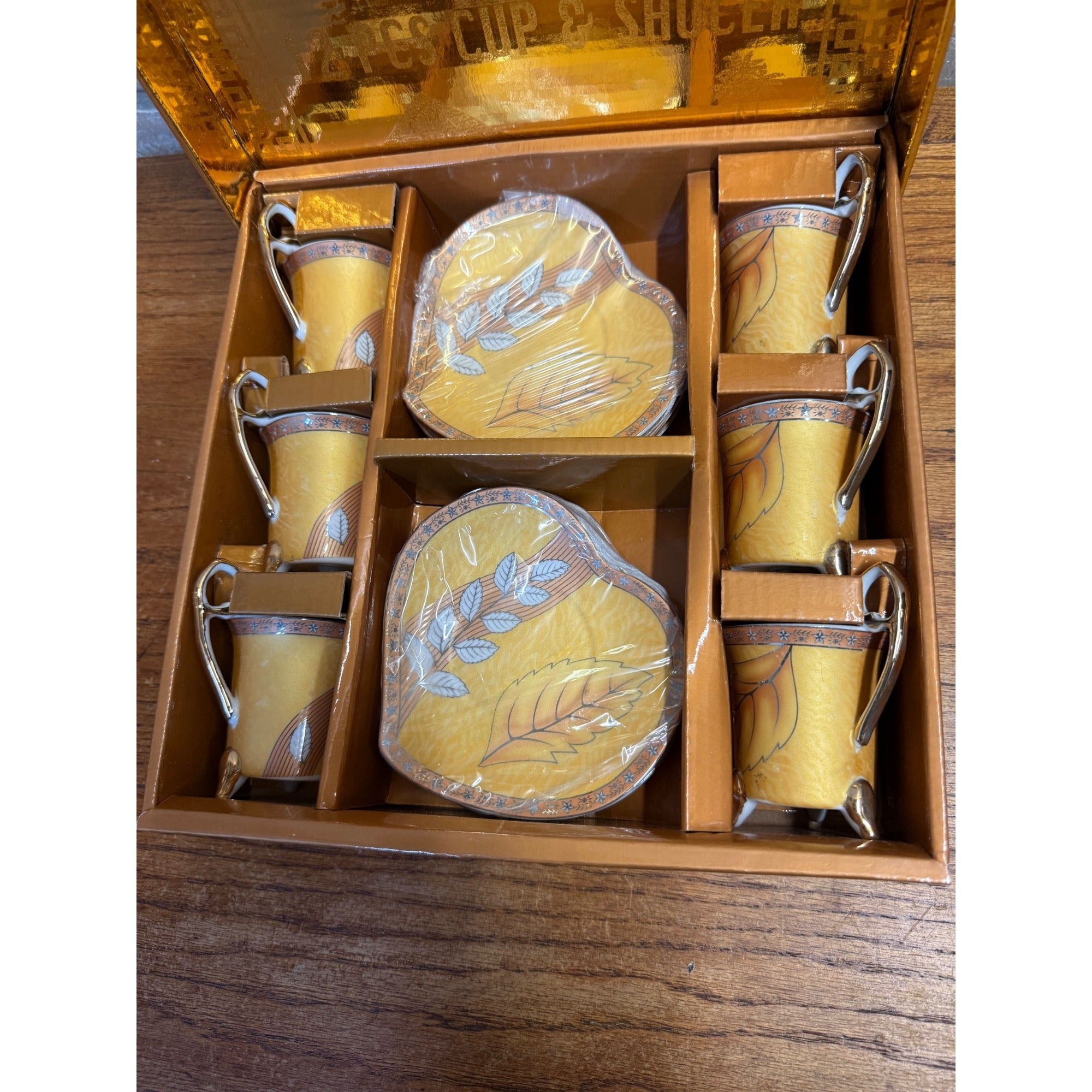 Vintage Ceramic Gold "Prestij" 12 Piece Footed Cup and Heart-Shaped Saucers Set Floral Leaf Decoration 2005