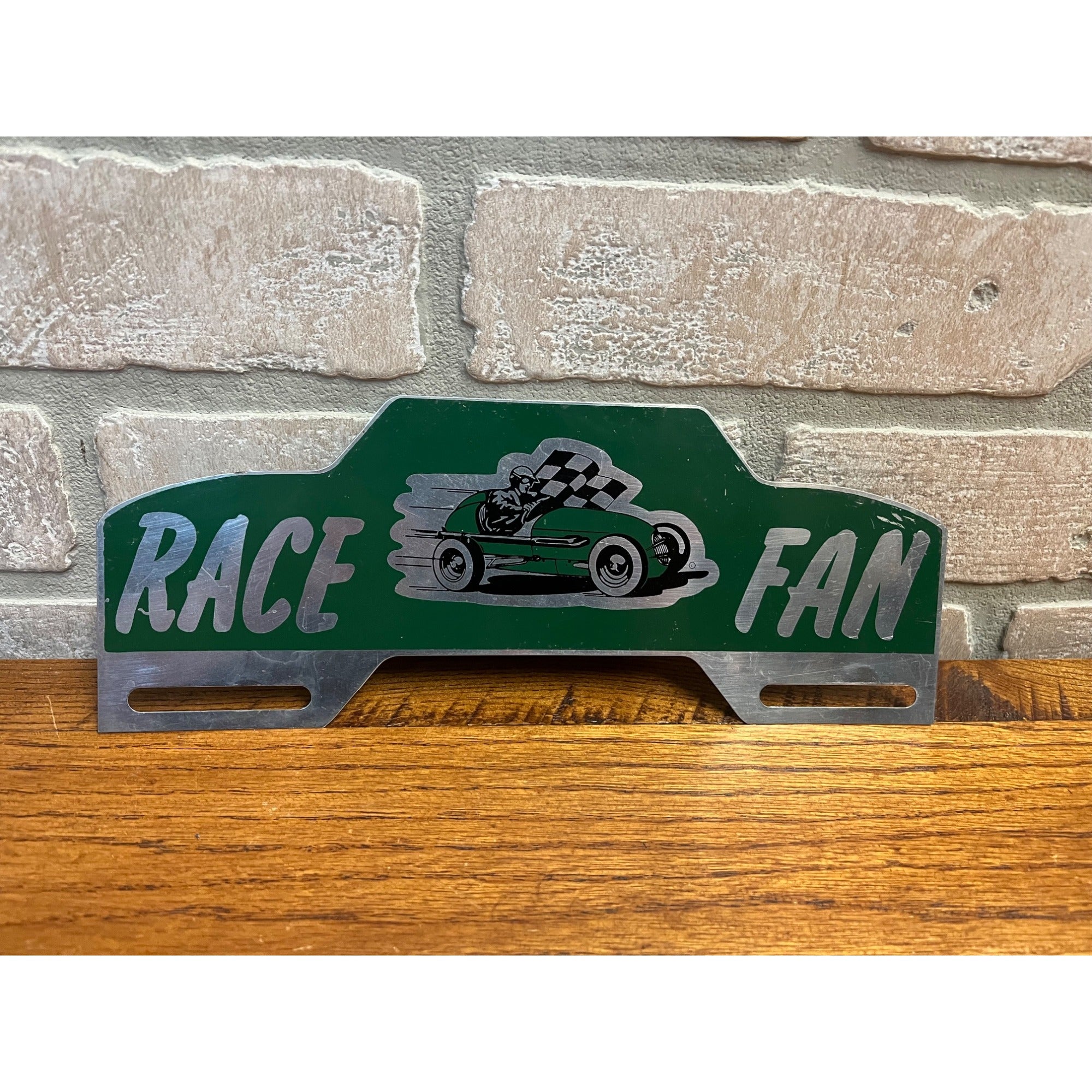 RARE Vintage License Plate Topper RACE CAR FAN Aluminum 1950s Racetrack Flag