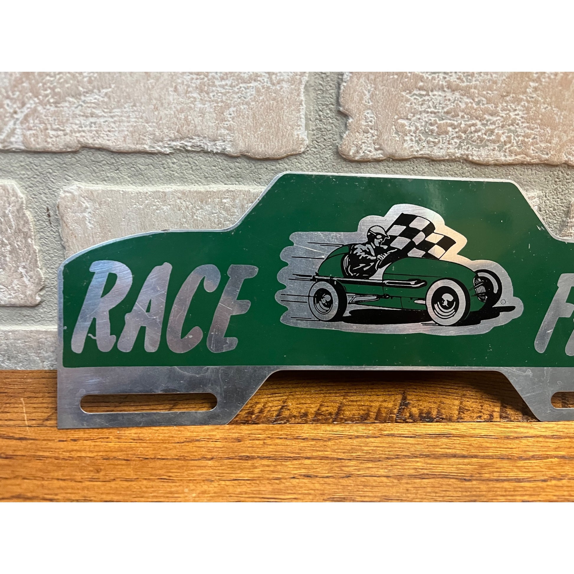 RARE Vintage License Plate Topper RACE CAR FAN Aluminum 1950s Racetrack Flag