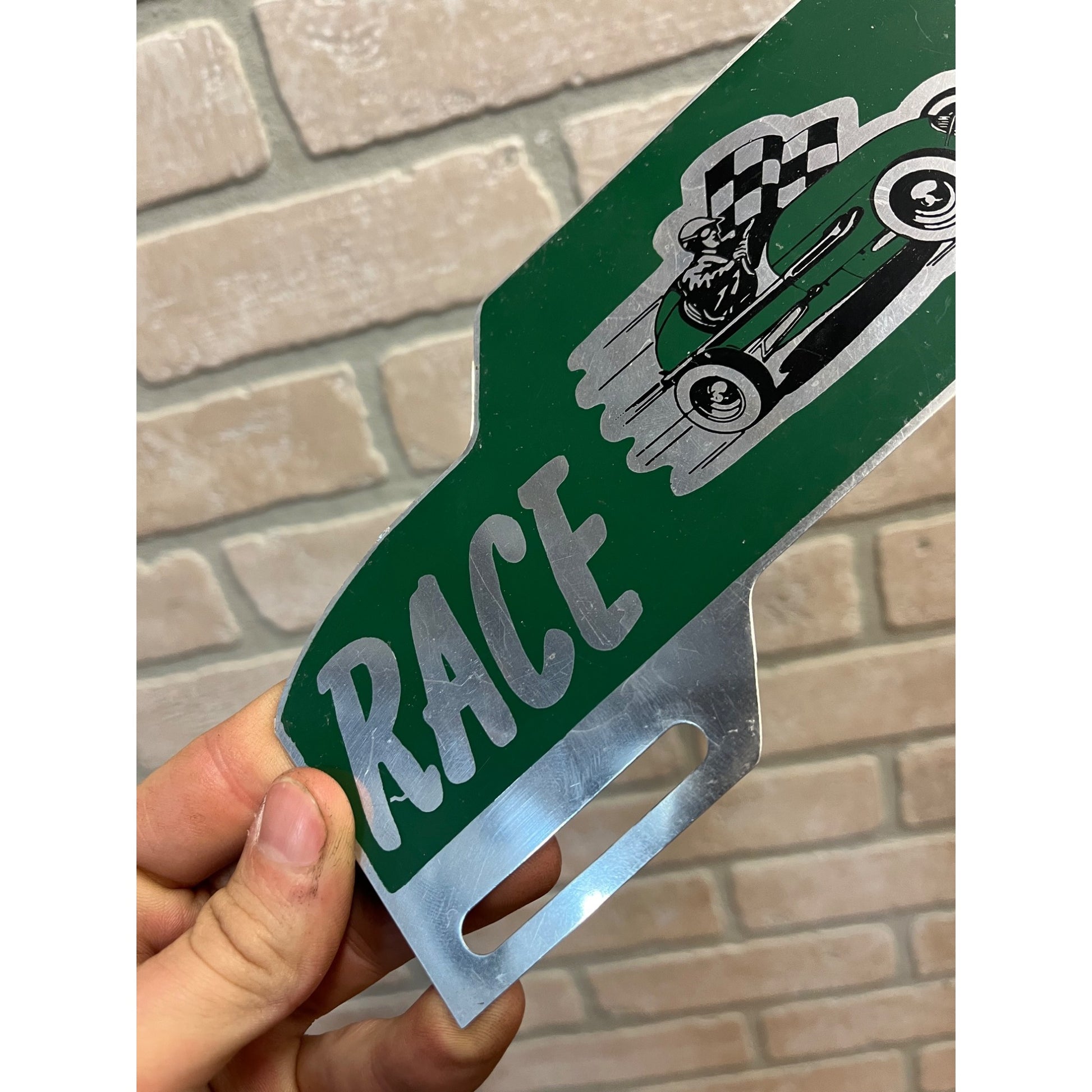 RARE Vintage License Plate Topper RACE CAR FAN Aluminum 1950s Racetrack Flag