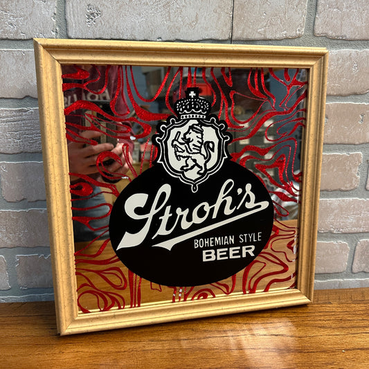 Vintage Stroh's Beer Mirror Bar Sign 14" x 14" Wood Frame Lion Crest Red Design