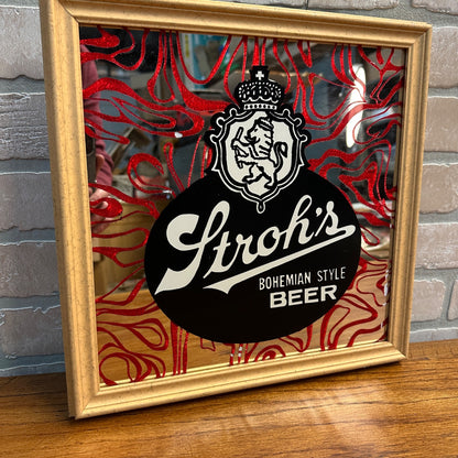 Vintage Stroh's Beer Mirror Bar Sign 14" x 14" Wood Frame Lion Crest Red Design