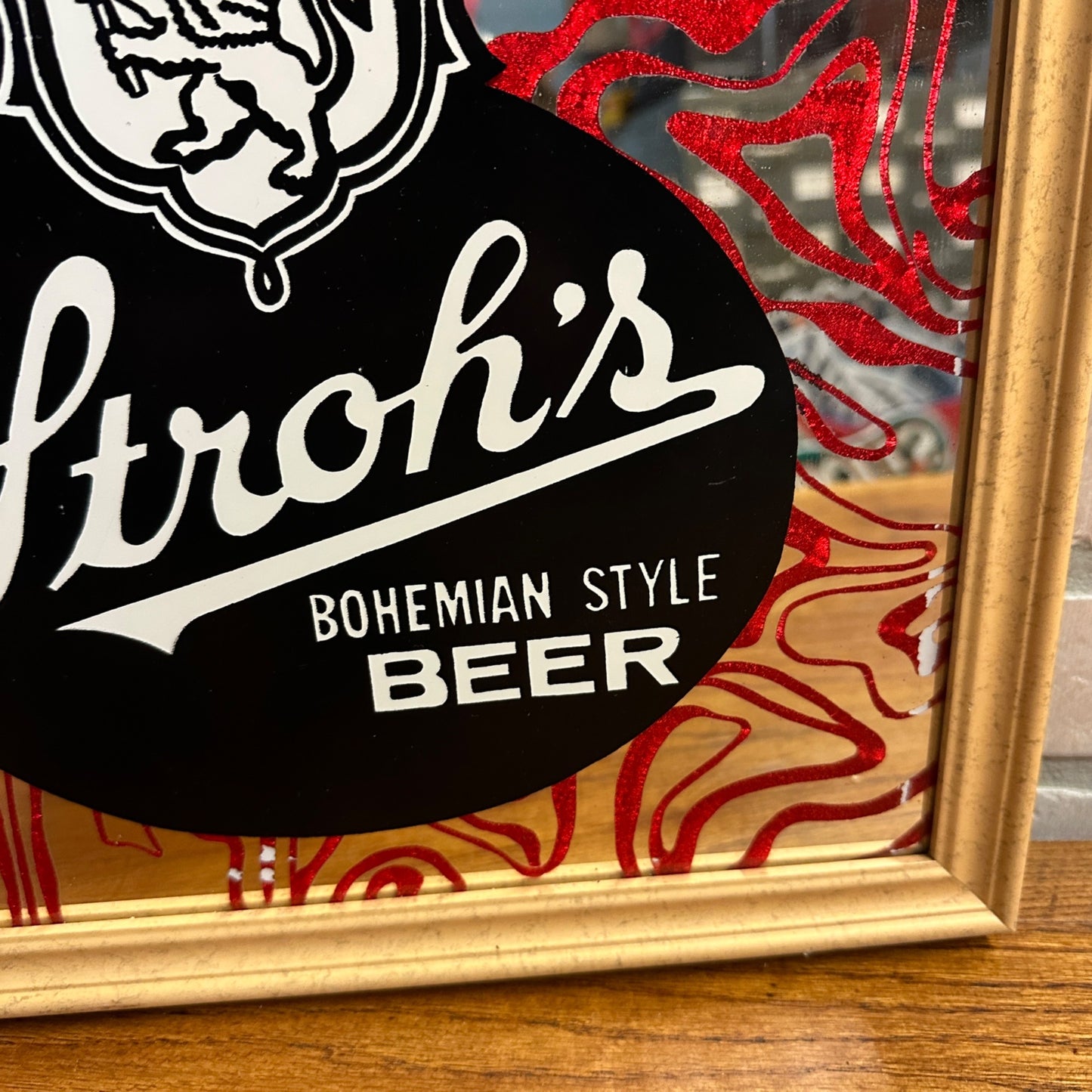 Vintage Stroh's Beer Mirror Bar Sign 14" x 14" Wood Frame Lion Crest Red Design