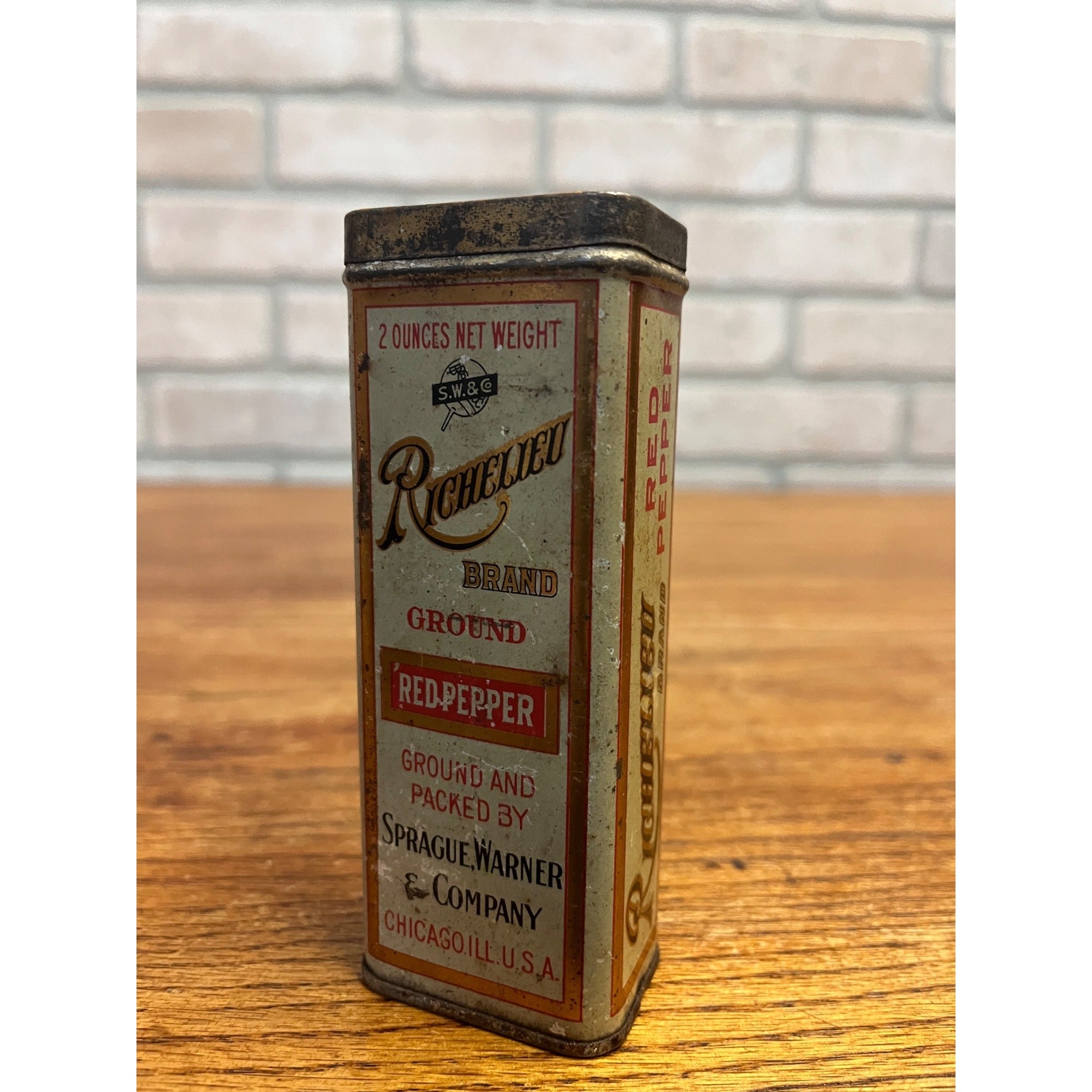 Vintage Richelieu Spice Tin Can 2oz Sprague Warner Chicago Illinois Advertising
