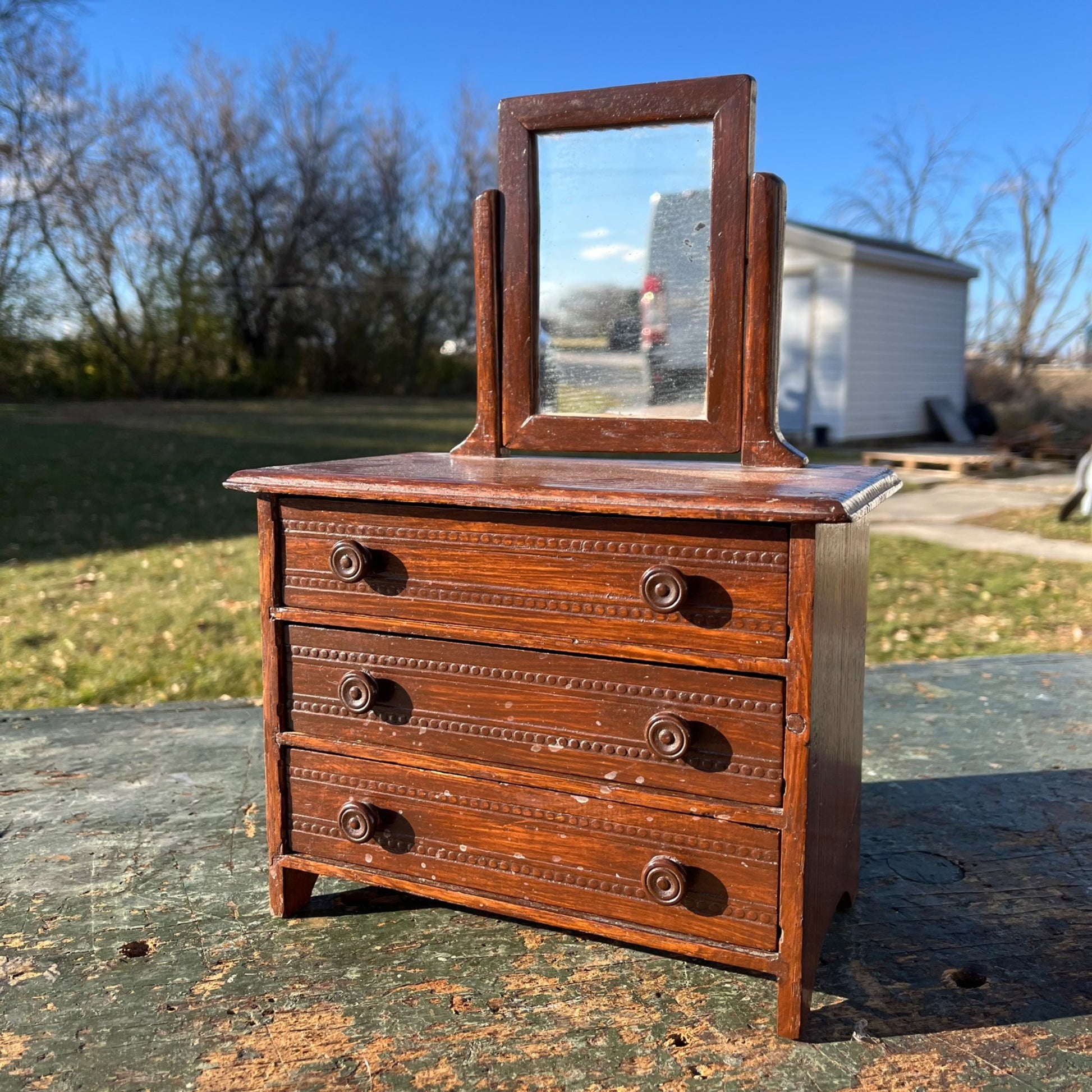 Vintage Wooden Doll Dresser Mirrored Miniature Toy Three-Drawer 13" Tall