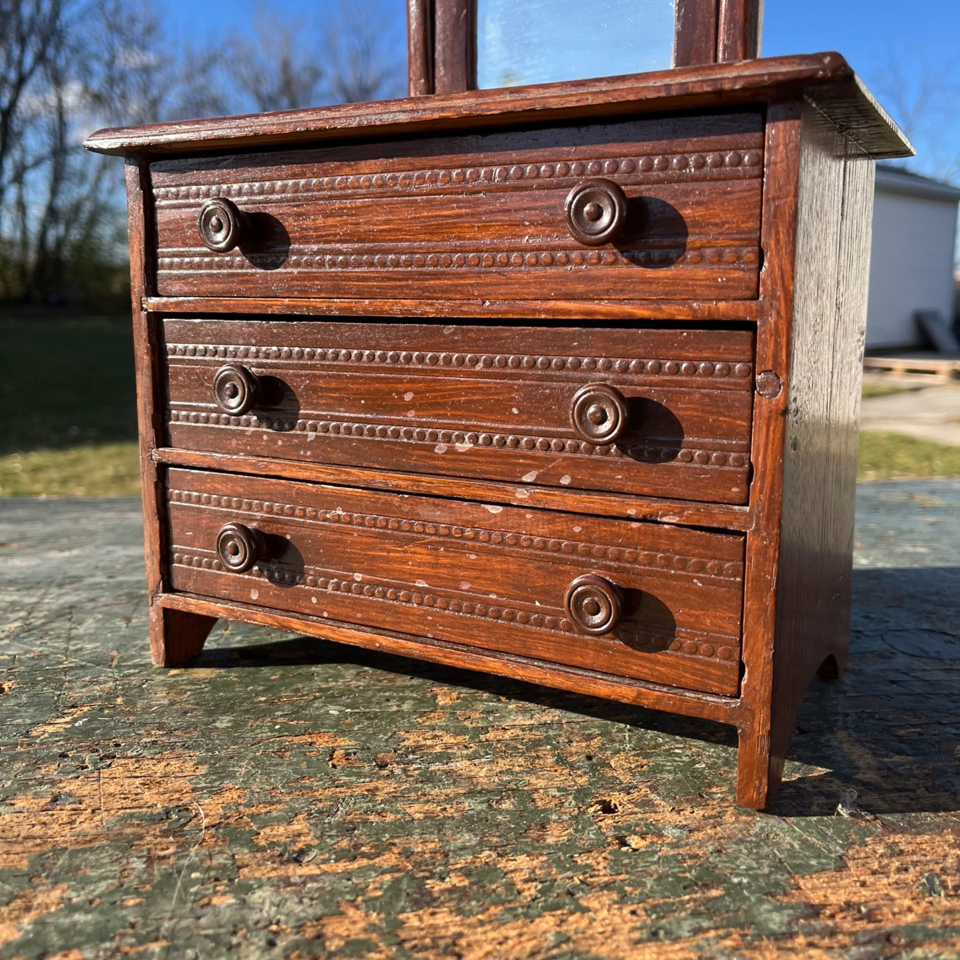Vintage Wooden Doll Dresser Mirrored Miniature Toy Three-Drawer 13" Tall