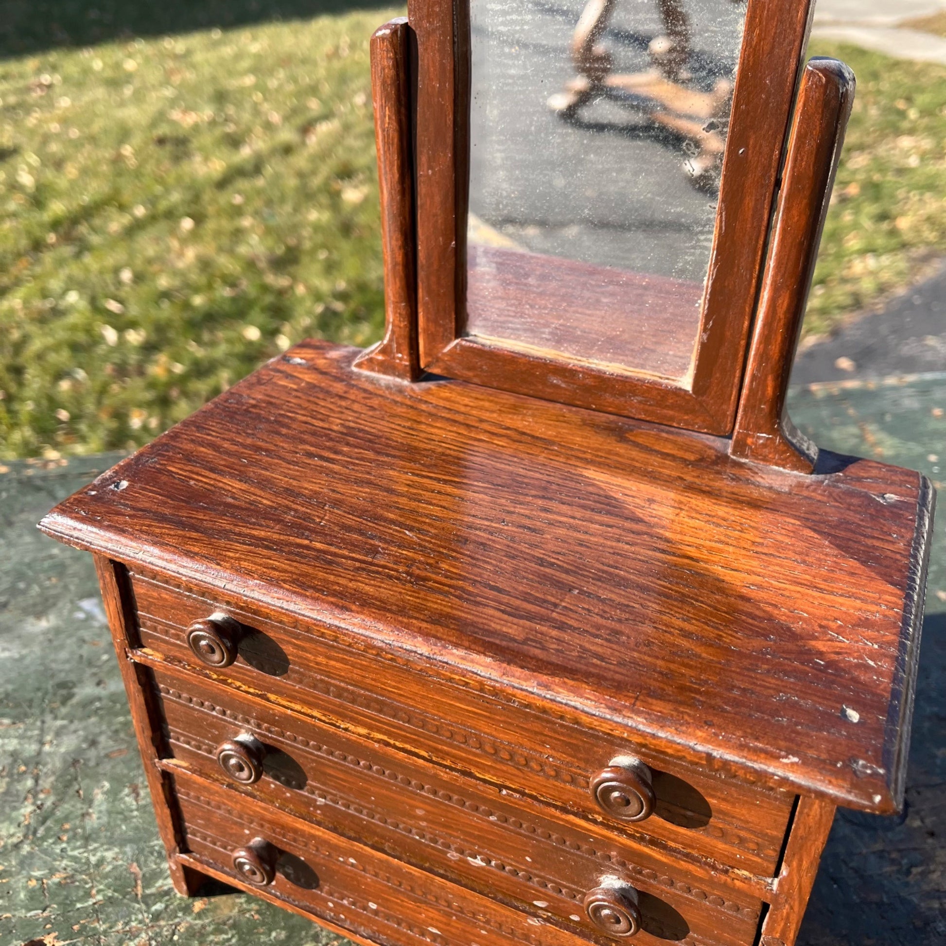 Vintage Wooden Doll Dresser Mirrored Miniature Toy Three-Drawer 13" Tall