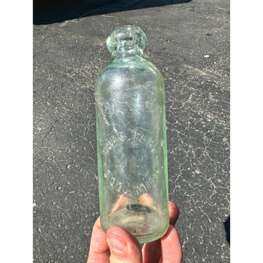 Antique 1890s Chas. Farm Soo Michigan Hutchinson Soda Bottle Blob MI Mich.