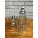 Vintage 1930s Art Deco Ribbed Glass Cocktail Shaker Bar Set w/ Ice Bucket