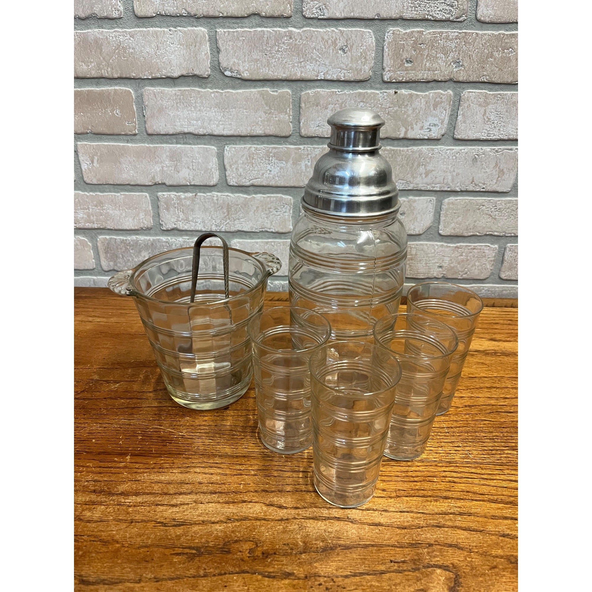 Vintage 1930s Art Deco Ribbed Glass Cocktail Shaker Bar Set w/ Ice Bucket